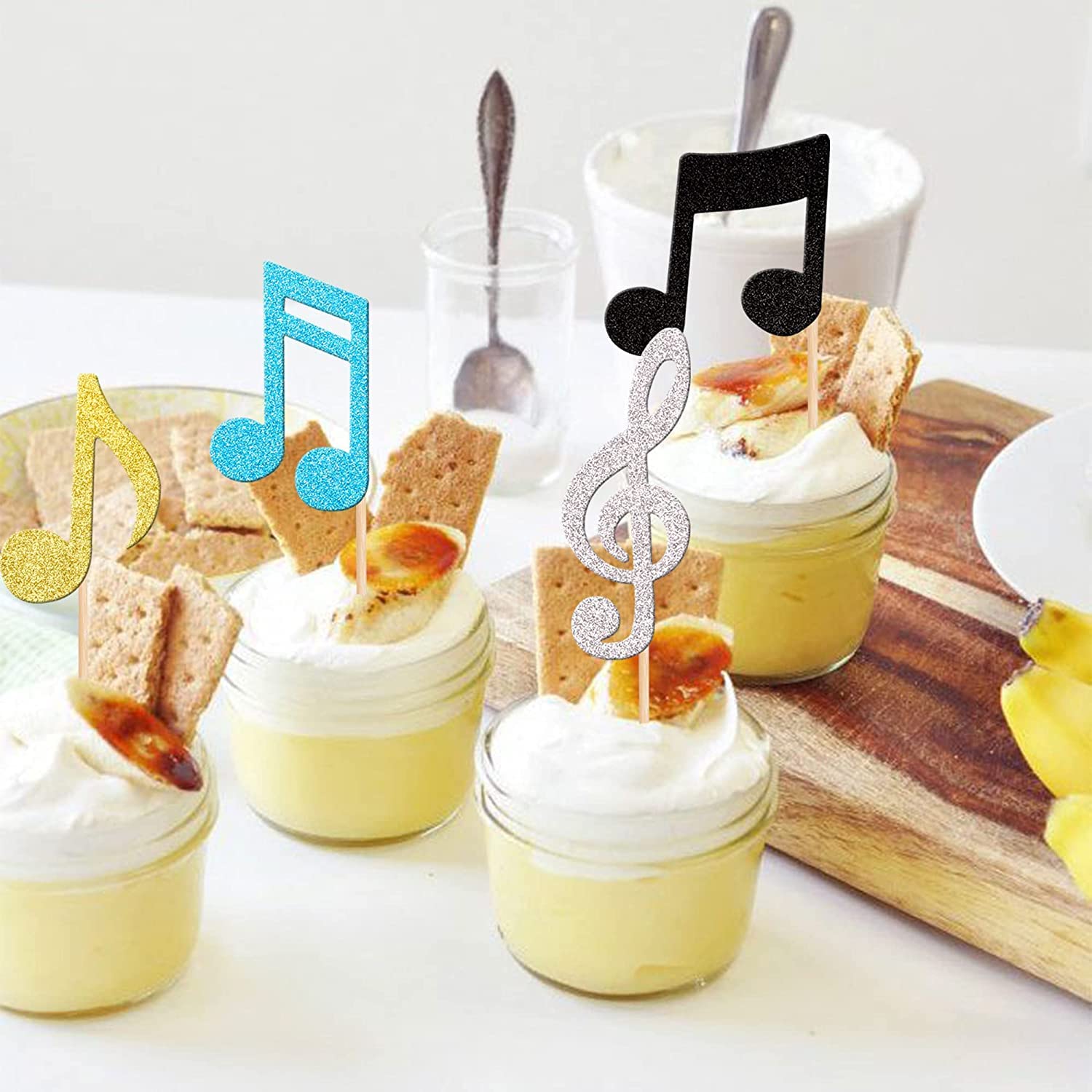 BLMHTWO 24 decorazioni per torte a tema musicale, con note musicali glitterate, per compleanno, baby shower, matrimoni, anniversari, feste, decorazioni per torte