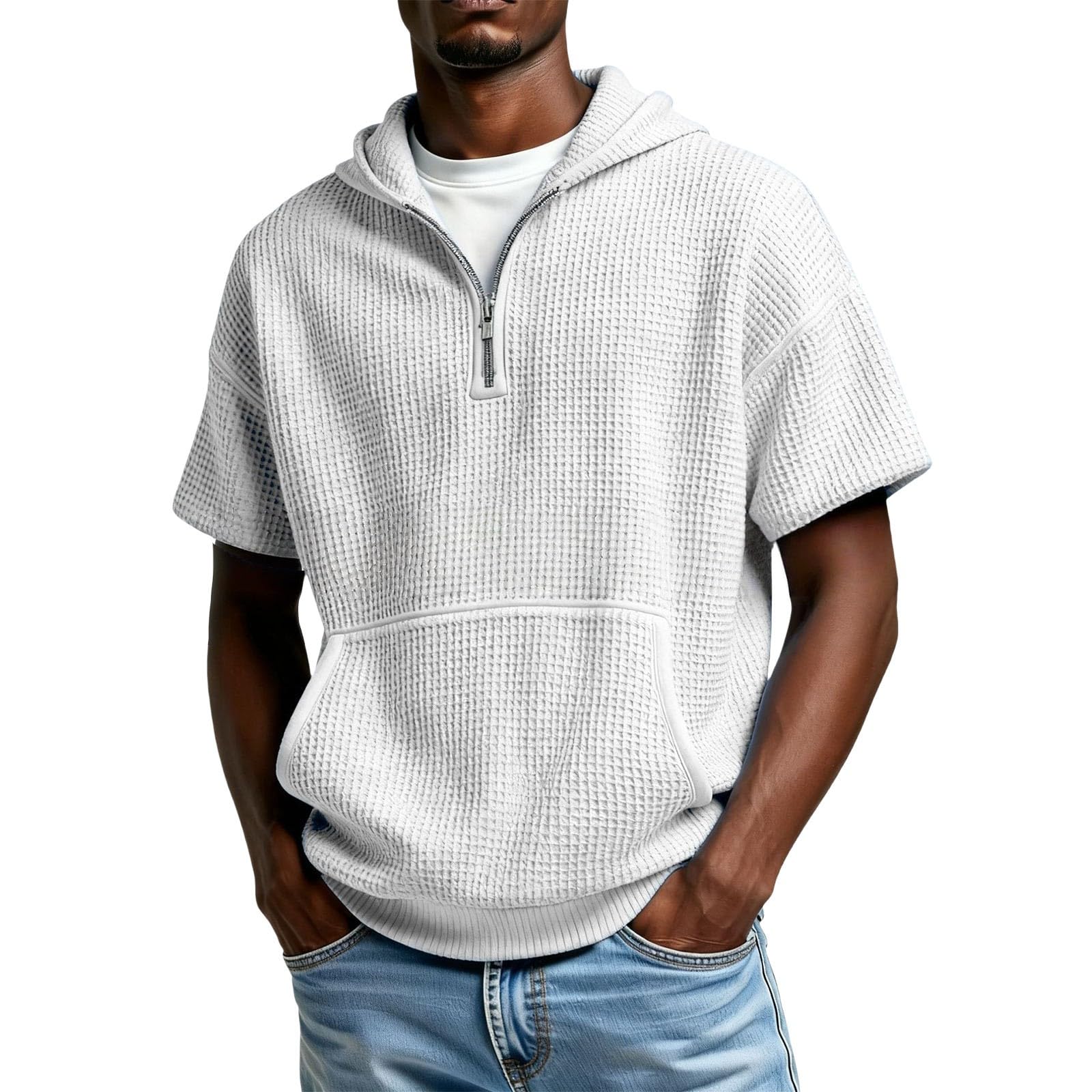 Camisa Sin Mangas Hombre Sudadera con Capucha para Hombre, De Punto Cremallera Un Y Manga Larga Bolsillo (White, M) Protección Solar Impermeable Chaqueta Camisas Oversized Gym Proteccion