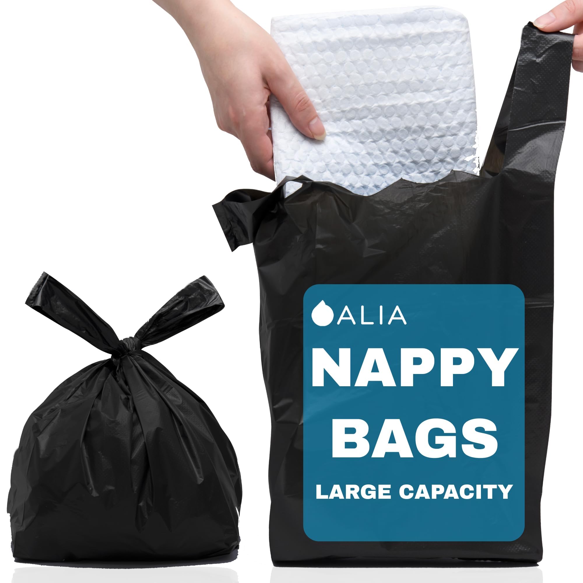 100 x ALIA | Black | Large Adult Incontinence Nappy Sacks EXTRA LARGE | Easy Tie Handles | Sanitary Disposable Bags | 1 Pack of 100