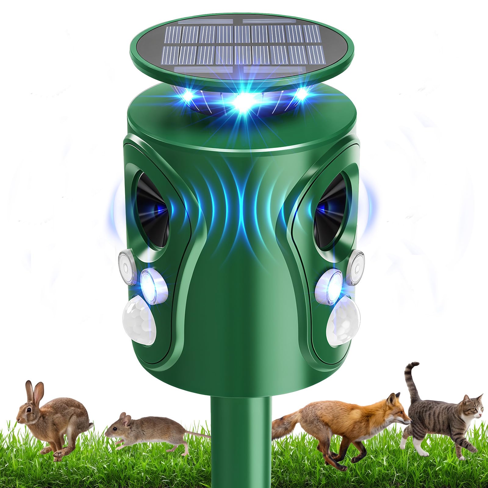 Cat Repellent for Gardens UK, 360ยฐ Ultrasonic Solar Cat Scarer with PIR Sensor & Flash 5 Adjustment Modes, IP66 Waterproof, 12m Cat Repellent Deterrent for Cats Dogs Birds Foxes Squirrels