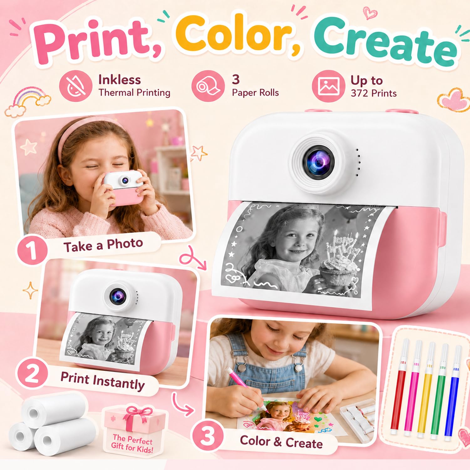 Cámara de impresión instantánea para niños, impresiones de liberación rápida, regalos de cumpleaños de Navidad de 6 a 12 años, selfie digital con videos de 1080P, juguete portátil de viaje