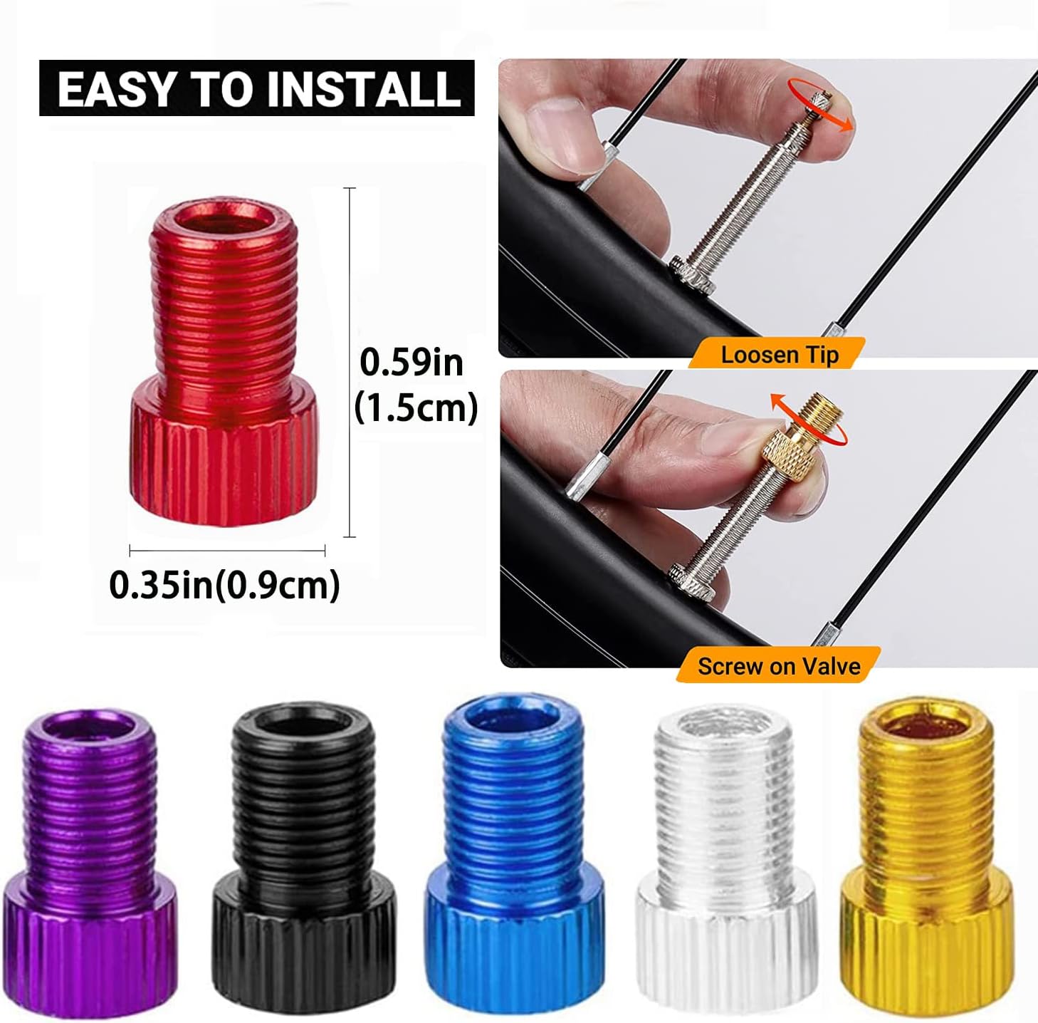 Presta to Schrader Adapter, 5 Pcs, French/UK to US, with 15 Valve Caps, for Mountain & Road Bikes and Cars (Red) image 3