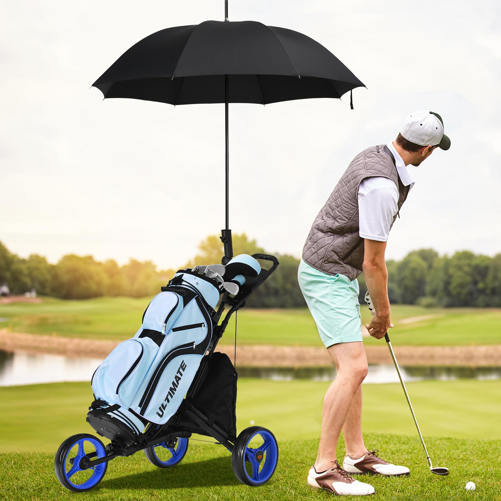 GYMAX Chariot de Golf à 3/4 Roues, Caddie de Golf Pliable Manuel, Porte-Sac, Porte-Parapluie, Cadre Robuste en Aluminium Pliable, Poignée Réglable, Tableau d'Affichage, Porte-Boisson
