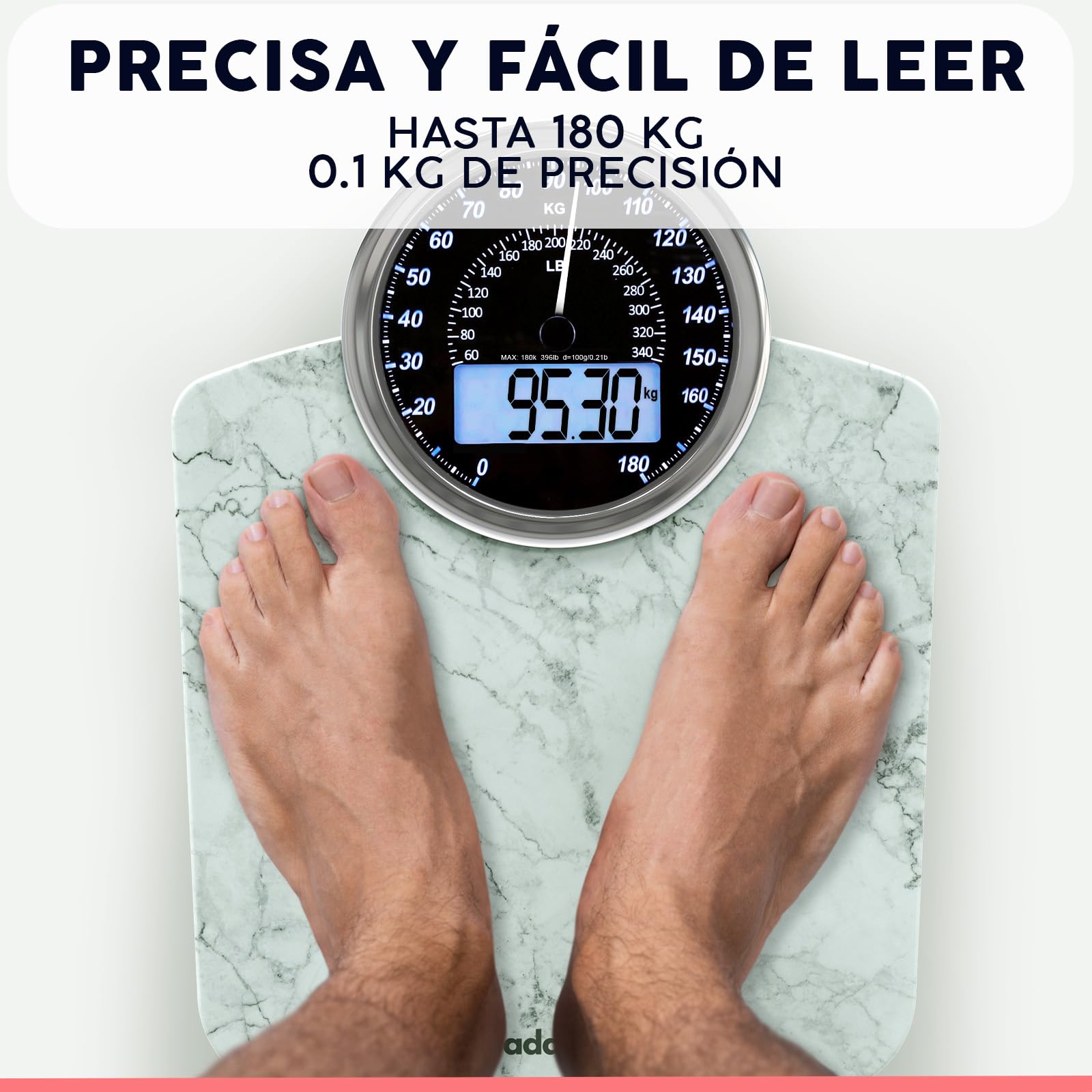 Hybrid Báscula de Baño - Analógica & Digital, Precisa hasta 180 kg | Vea su peso en el cuadrante analógico y LCD a la vez. Plataforma ancha, 3 pilas AAA incluidas, lista para usar.