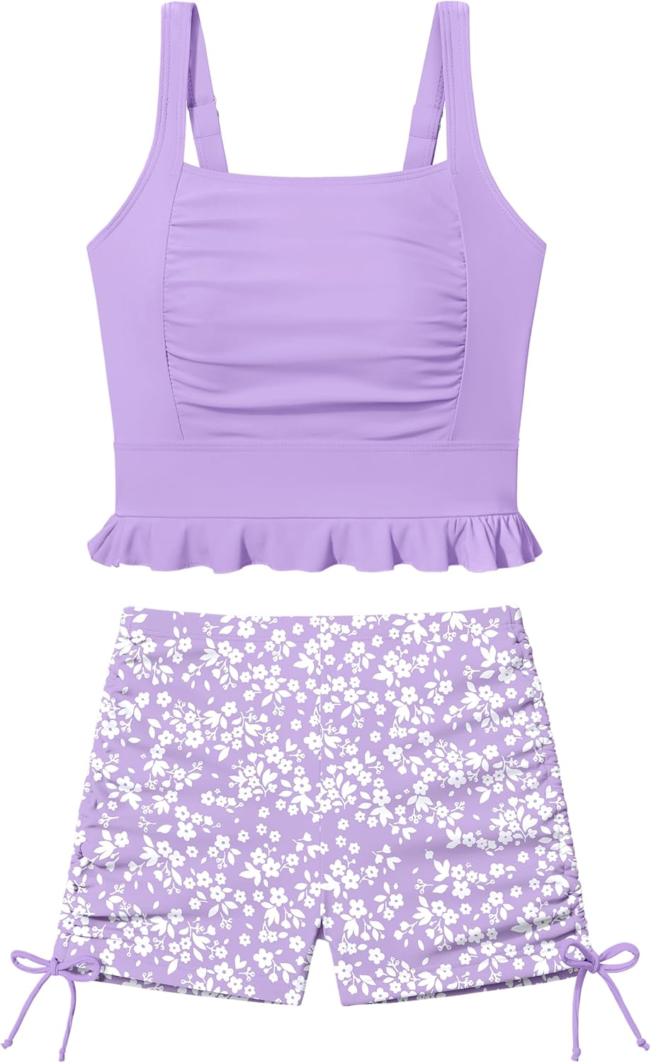 Girls Swimsuit Two Piece Bathing Suit Ruffle Trim Swimsuits for Girls Tankini with Drawstring Shorts Swimwear 9-18Y