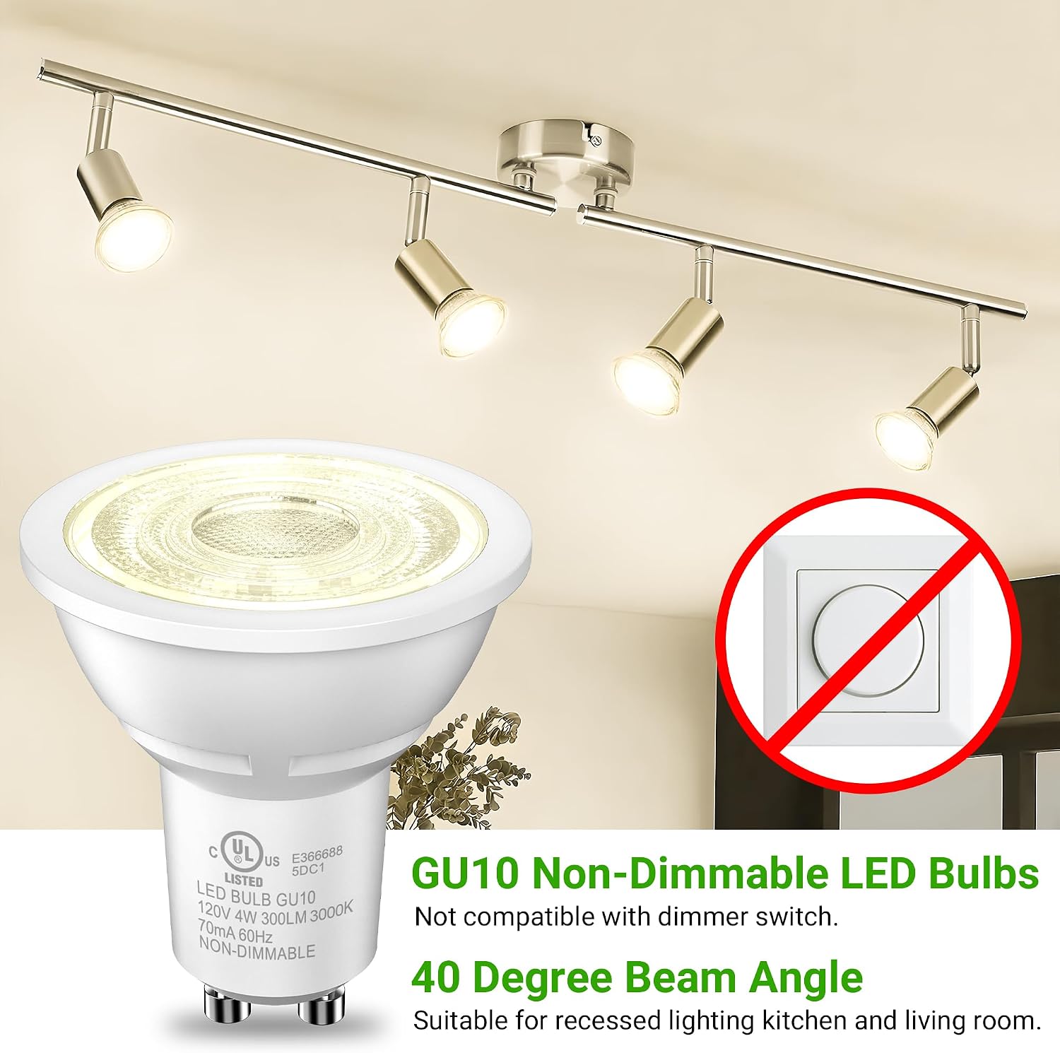 TJOY GU10 LED Light Bulbs Non-Dimmable, 4W, 3000K Warm White, 300LM, Equivalent 35W, 2 Prong GU10 Bulbs Replacement for Recessed Track Lighting, MR16 LED Bulb for Living Room, Range Hood, 12 Pack