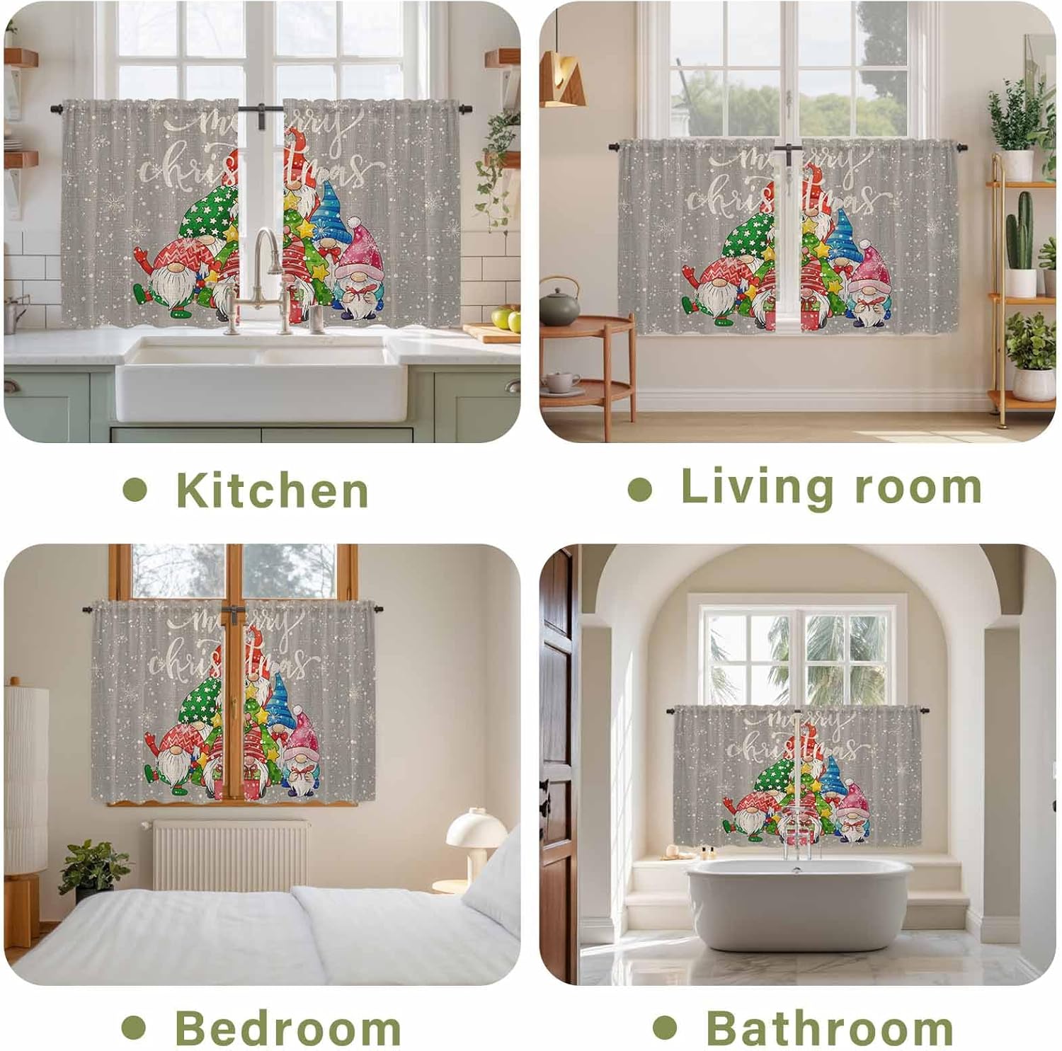 Christmas Grey Kitchen Tier Curtains 45 Inch Long 2 Panel Set,Rod Pocket Short Window Treatment,Vintage Gnomes Snowflakes Pine Tree Curtains & Drapes for Bathroom Basement 27.5"W x 45"L