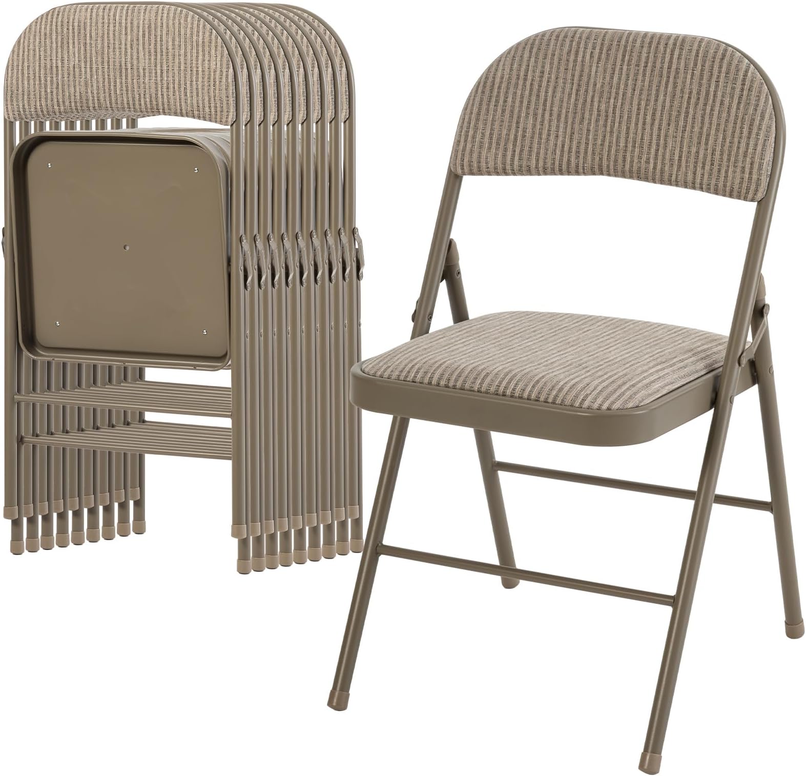 DUMOS 10 Pack Folding Chairs with Padded Cushion and Back - Fabric Stackable Portable Dining Chiars Set, for Home and Office, Conference, Wedding, Party, Patio, Garden, for Indoor Outdoor, Khaki