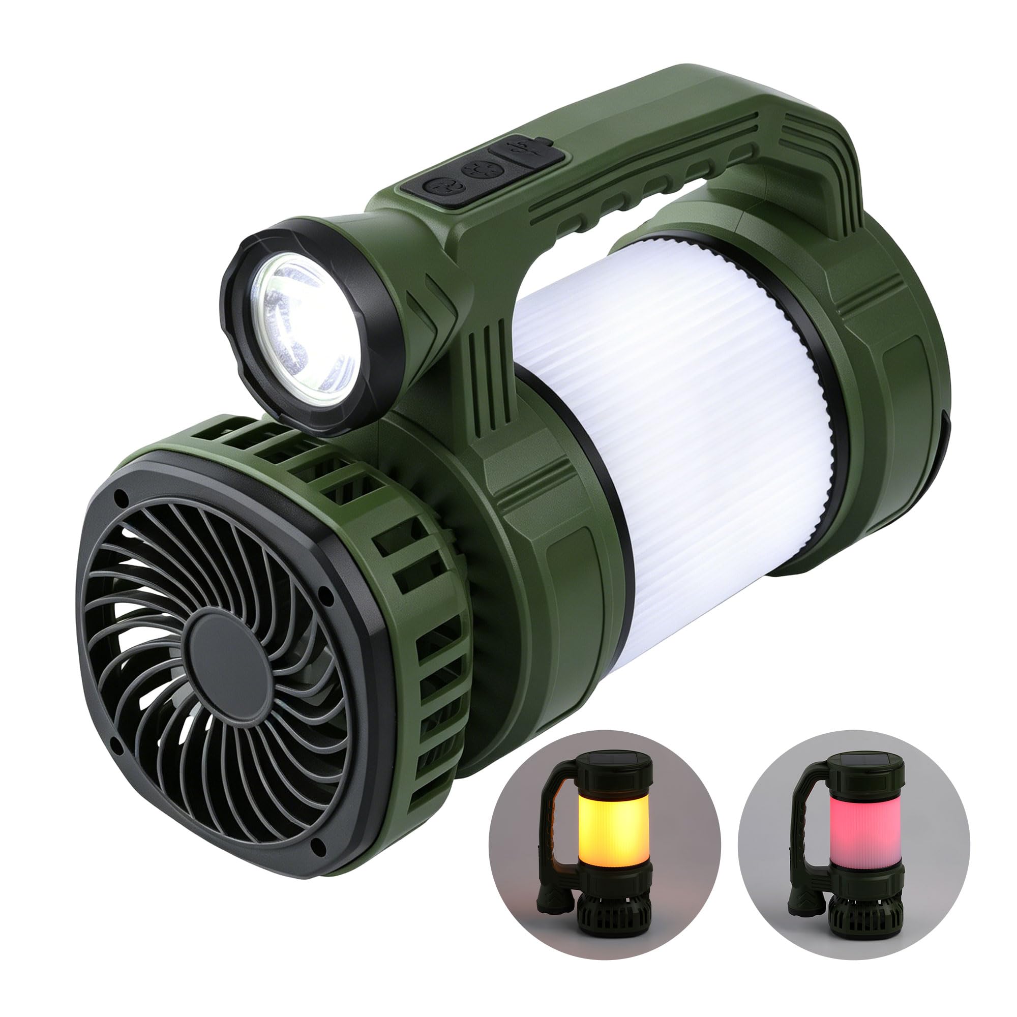 Linterna LED recargable de camping con foco de linterna, 1000 lúmenes, 3600 mAh, carga solar y USB, cabezal giratorio de 100°, resistente al agua, verde