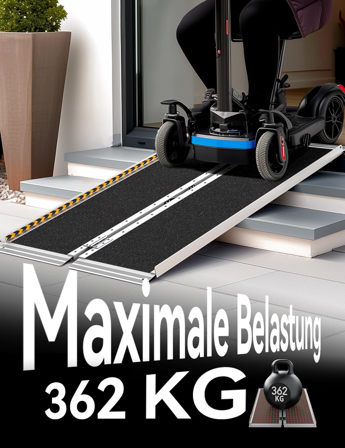 FACHNUO Rollstuhlrampe 91cm Faltbare Aluminium Schwellenrampe mit verstellbaren Stützbeinen, 362kg Tragfähigkeit, rutschfeste & tragbar, Schwarze Rampe für niedrige Treppen, Stufen, Türen, Eingänge