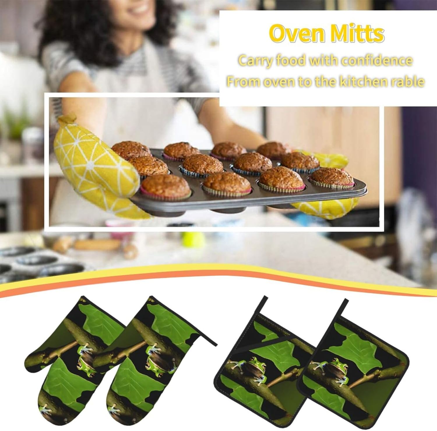 (Frog and Rain) Baking 4-Piece Set: 2 Oven Mitts and 2 Pot Holders Heat Resistant Waterproof Hanging Loop for Kitchen Oven Grill Housewarming Gifts