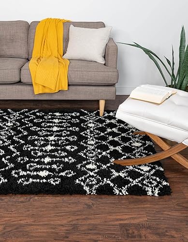 Unique Loom Alfombra marroquí Trellis Shag Collection - Meknes (5 pies 3 pulgadas x 8 pies, rectangular, color negro y blanco)