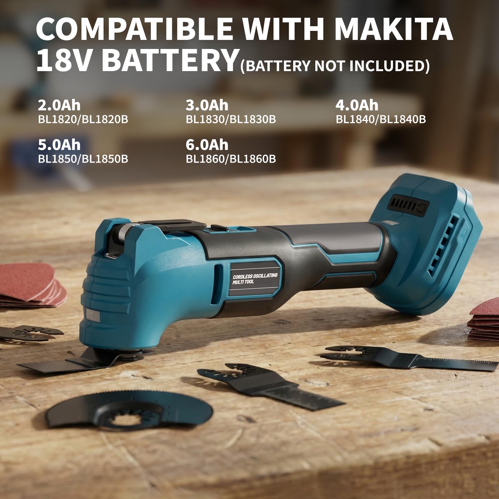 Multiherramienta Oscilante Inalámbrica para Makita 18V Batería, Herramienta Multifunción sin Escobillas con 23 Accesorios, Luz LED, 6 Velocidades Variables para Cortar, Tallar, Pulir (Sin Batería)