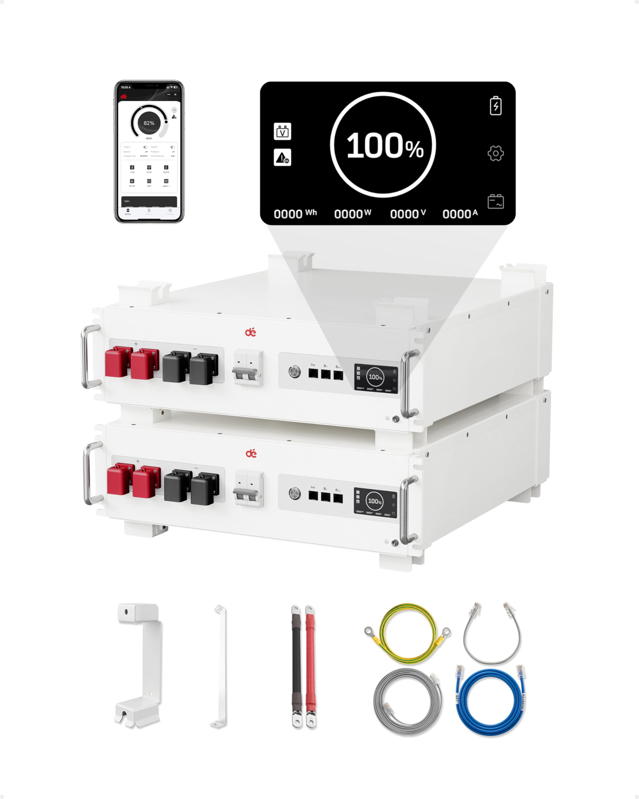 dé Batería Litio LiFePO4 48V 100Ah con App y Pantalla Monitoreo, 6000+ Ciclos, Almacenamiento Doméstico 5120Wh con WiFi, RS485, CAN y RS232, Para Sistema Solar Off-grid y Energía en el Hogar(2 Piezas)