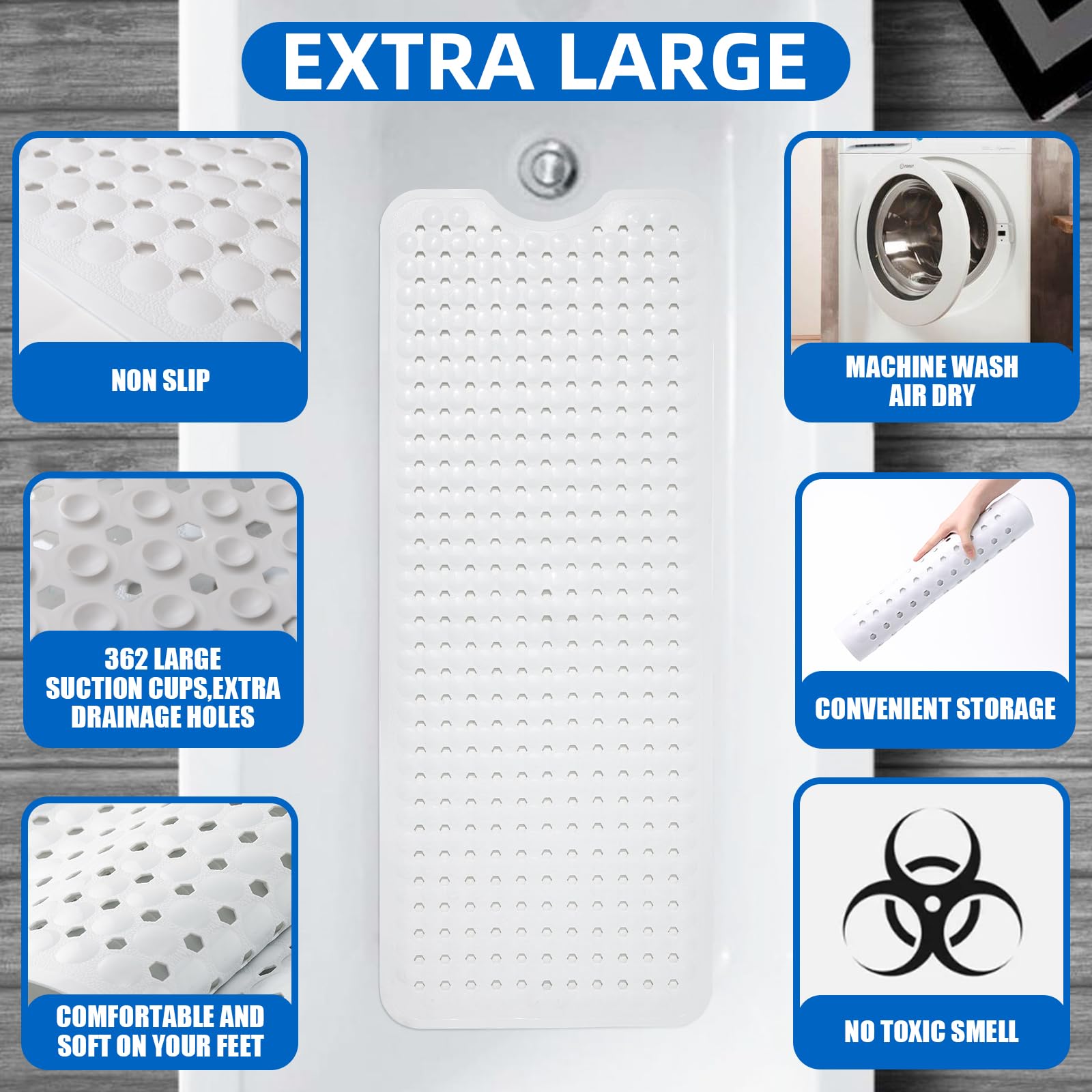 MOONFLY Alfombrilla de ducha y bañera, 40 x 16 pulgadas, tapetes antideslizantes extralargos con ventosas y agujeros de drenaje, lavables a máquina y antideslizantes, tapetes de baño para bañera