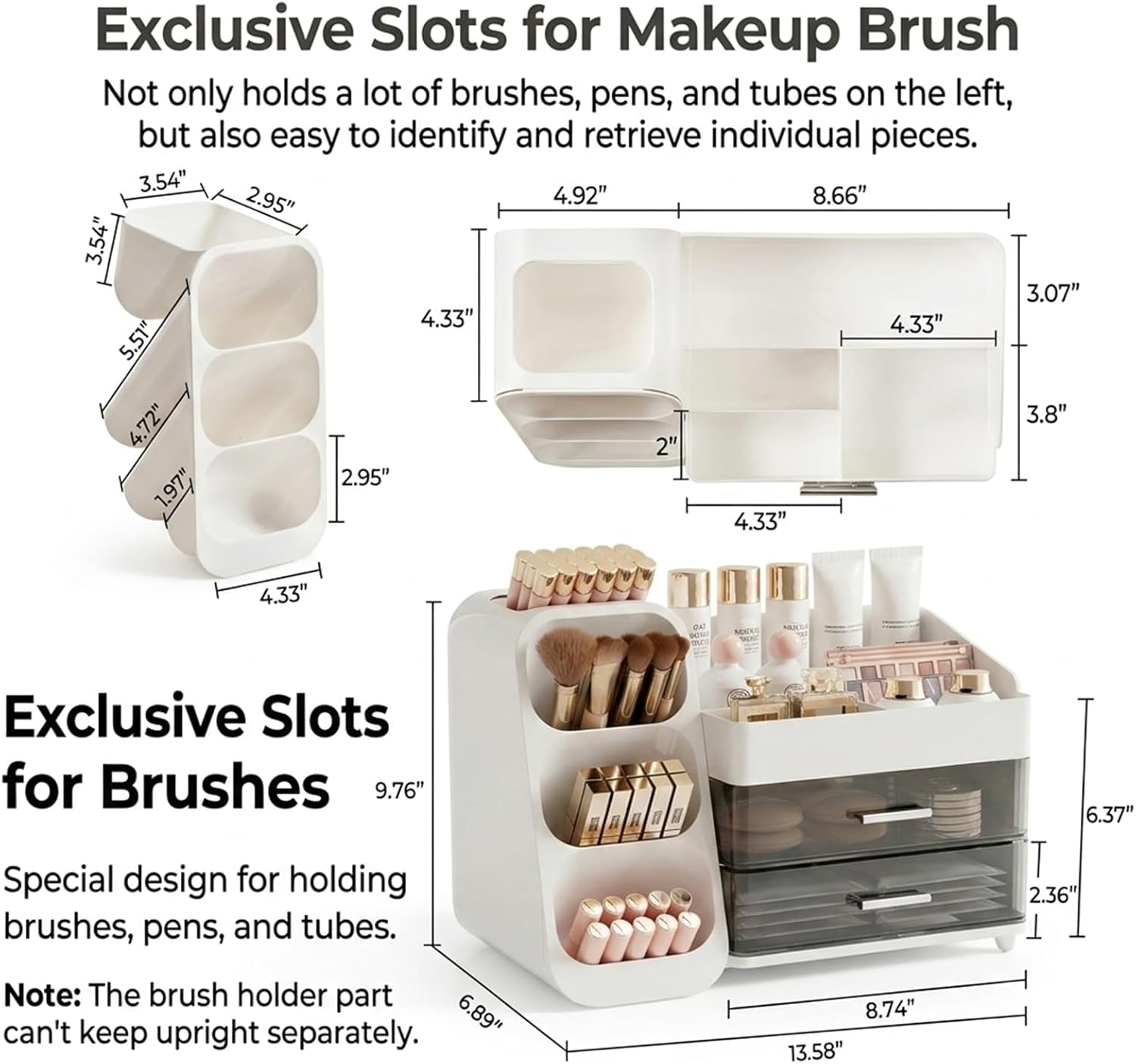 Makeup Organizer with Drawers & Brush Holder for Vanity - Organize Cosmetics Bathroom Countertop Storage Skin care Essentials Dresser, Bathroom, Office Countertop (White)