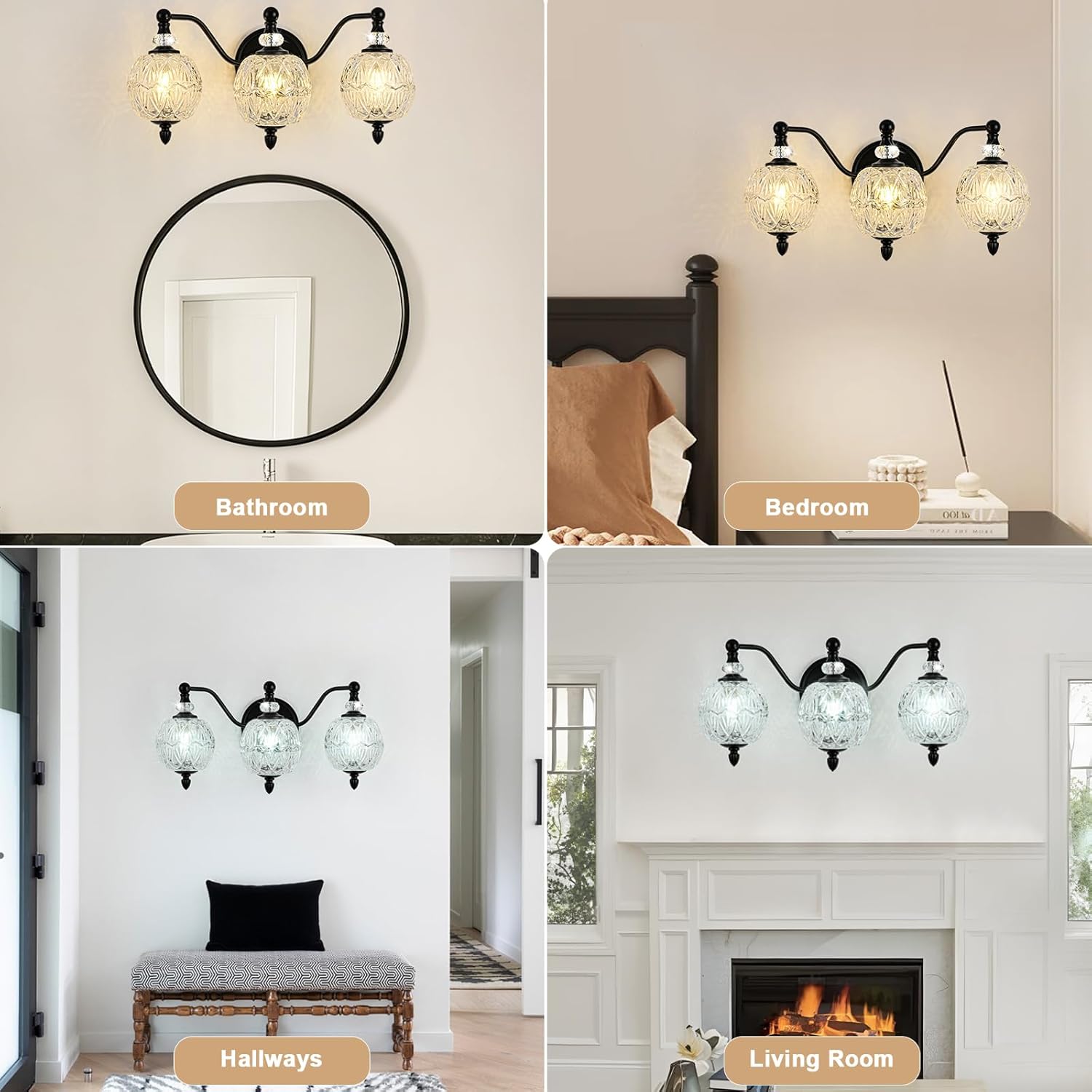 Matte Black Bathroom Vanity Light, 3-Light Mid Century Farmhouse Wall Sconce with Globe Glass Shades, Retro Mirror Light for Bathroom, Powder Room