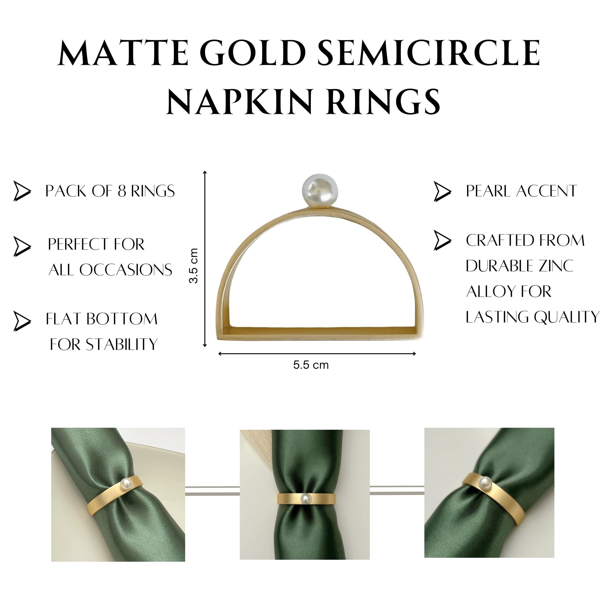 Gold Napkin Rings Set of 8 - Semicircle Napkin Ring Holder in Matte Gold- Pearl Napkin Rings for All Occasions Made of Durable and Sturdy Zinc Alloy