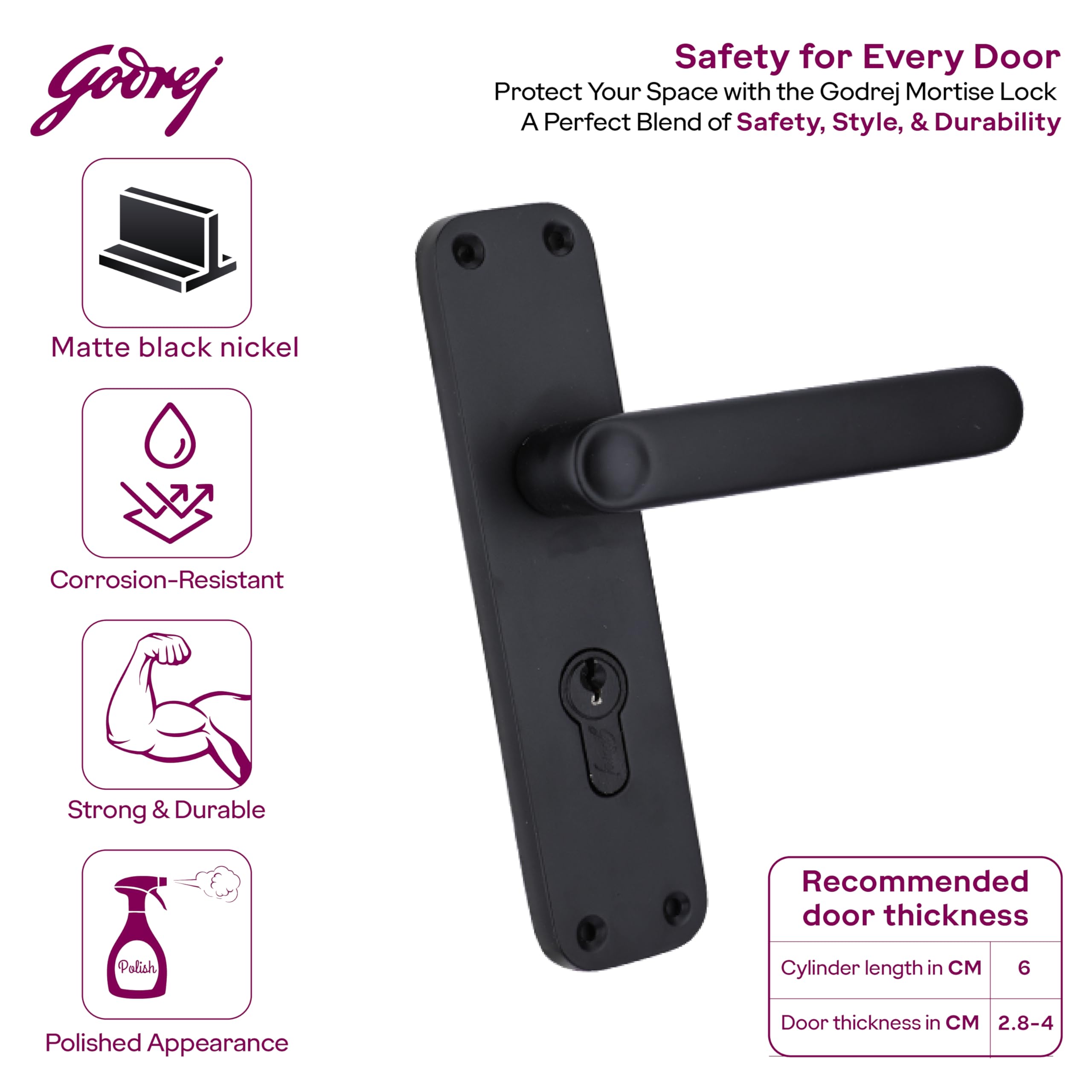 Godrej Mortise Lock | BM 09 Handle Lock Set | 200 mm Lockbody | Europrofile Cylinder 60mm Knob from Inside | for Home & Office | Matte Black Finish | 3Keys | Double-Throw Deadbolt | 1 Year Warranty — Amazon image 4