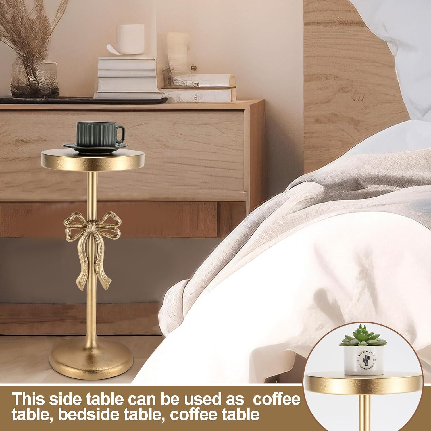 Gold Metal Martini Drink Table 9''x19.5'' Bow Pedestal Side Table Round Martini End Desk Small Cocktail Drink Stand for Small Spaces Nightstand Bedroom Couch Chair Vintage Decor