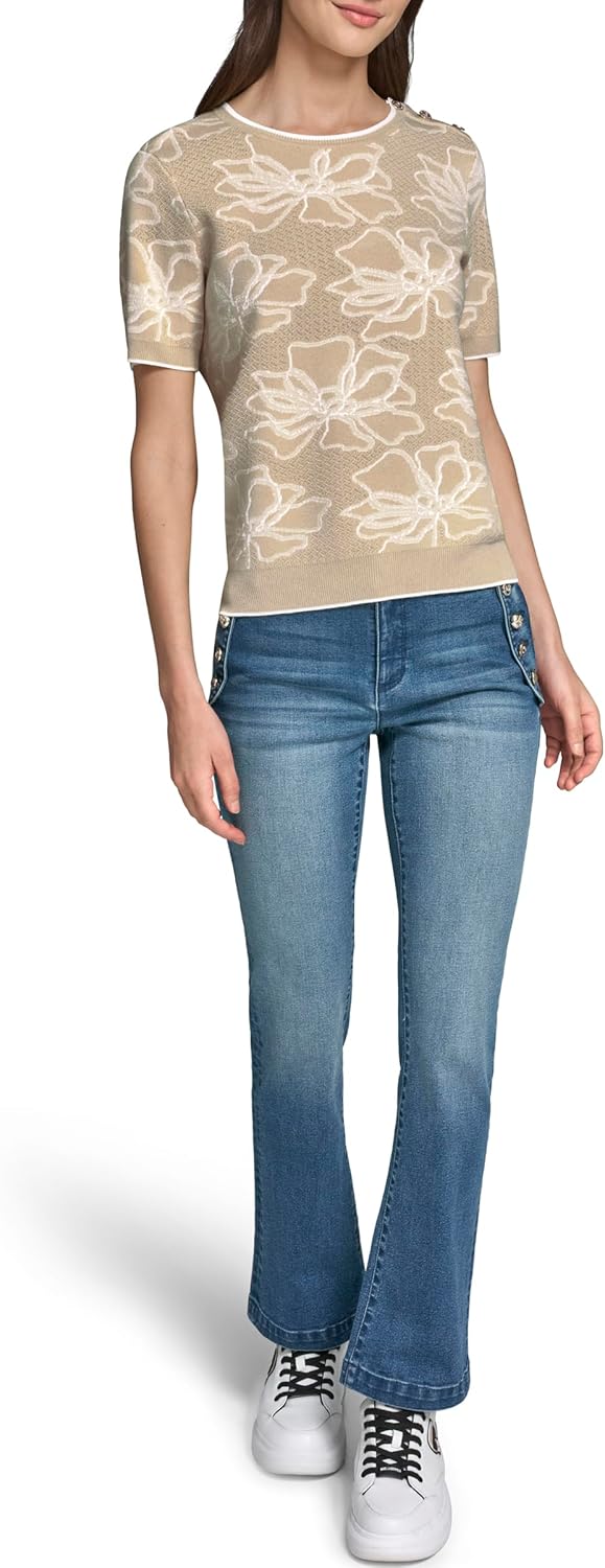 Karl Lagerfeld Women's Short Sleeve Crew Neck Floral Sweater