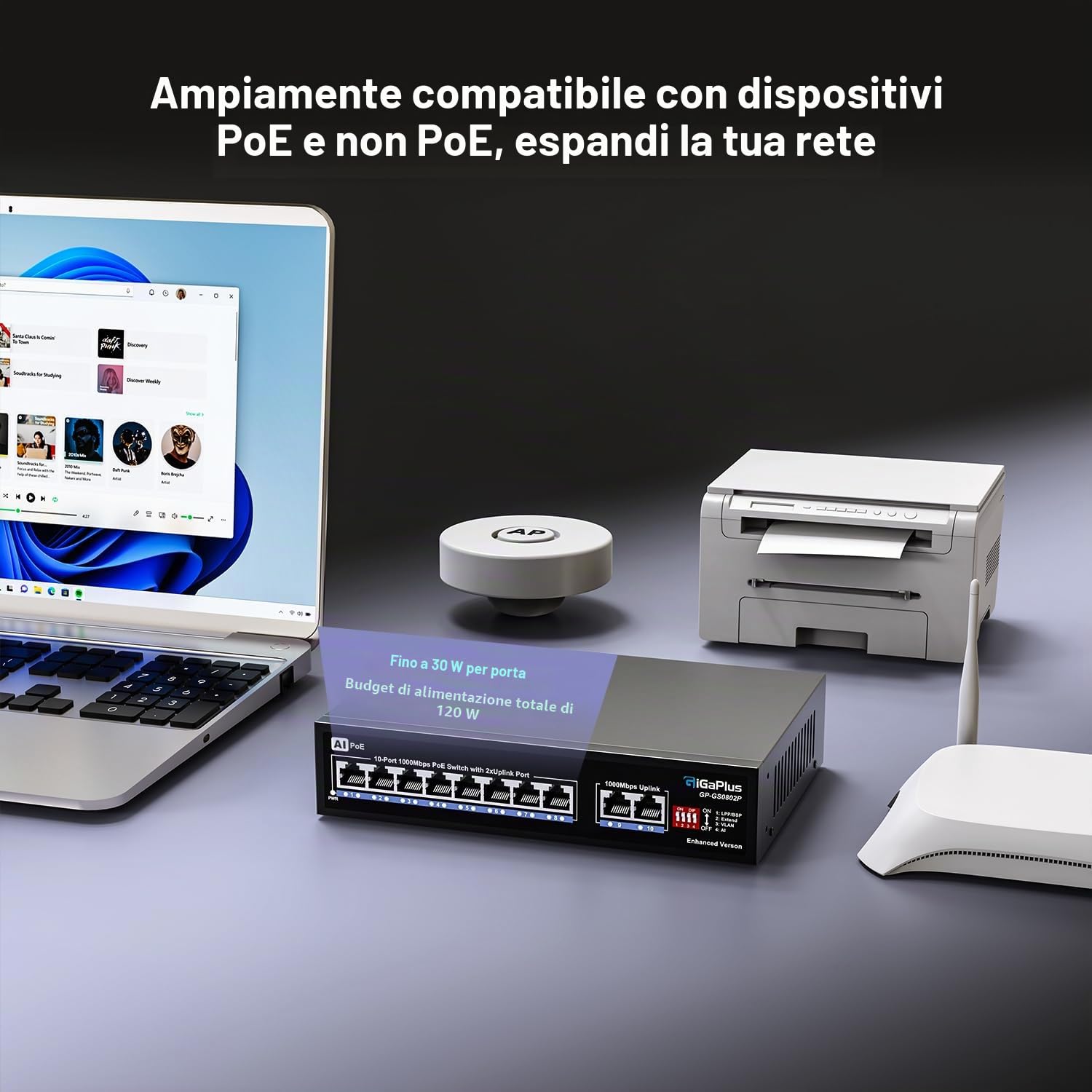 10 Port Gigabit PoE Switch with 8 Port PoE+ 1000Mbps, 2x1000Mbps Uplink, GiGaPlus 10 Port IEEE802.3af/at PoE @72W, Support VLAN, AI watchdog, Metal Housing, Desktop or Wall-Mount, Plug & Play