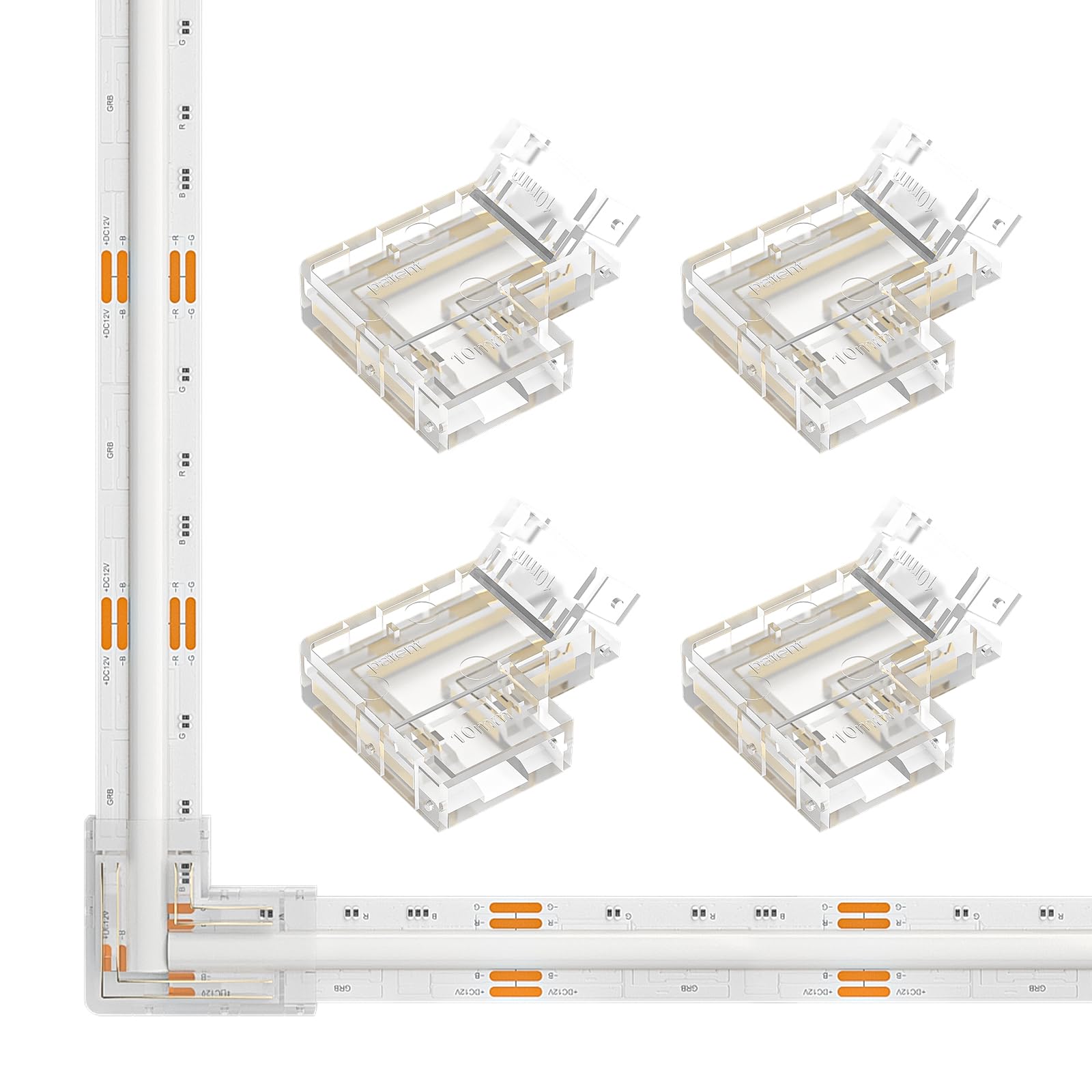 SEZO FCOB Gapless L-Shaped Verbinder Kit 4PCS L-Form Eckverbinder Transparente Unverdrahtete Connector Geeignet für 4PIN 10mm COB RGB LED Streifen Lötfreie und Terminal Extension Steckverbinder