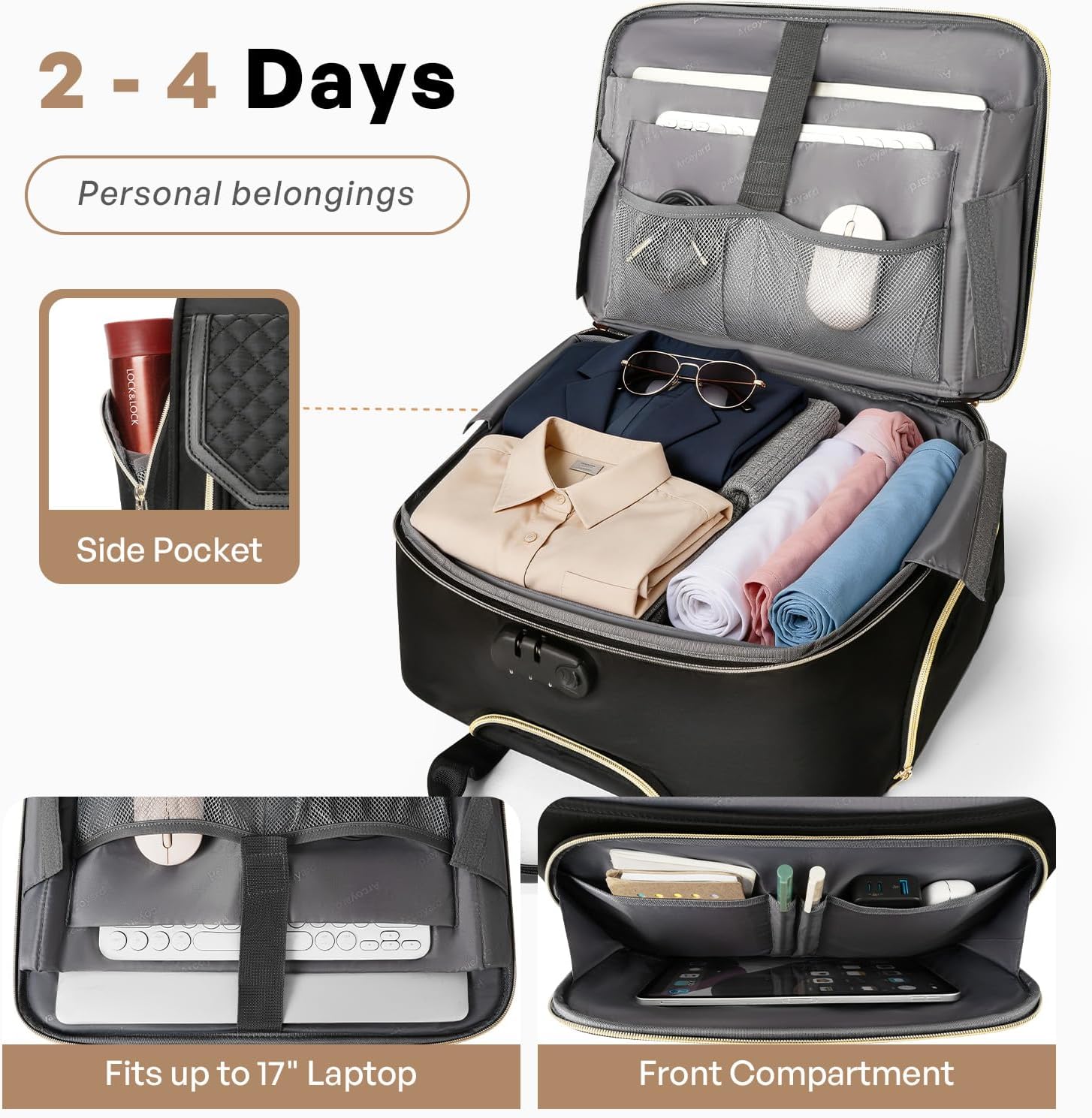 Rolling Laptop Bag for Women with 4 Spinner Wheels, 17 Inch Rolling Briefcase for Women with Lock, Waterproof Rolling Computer Bag with 11 Pockets & Padded Laptop Sleeve for Work Travel, Black