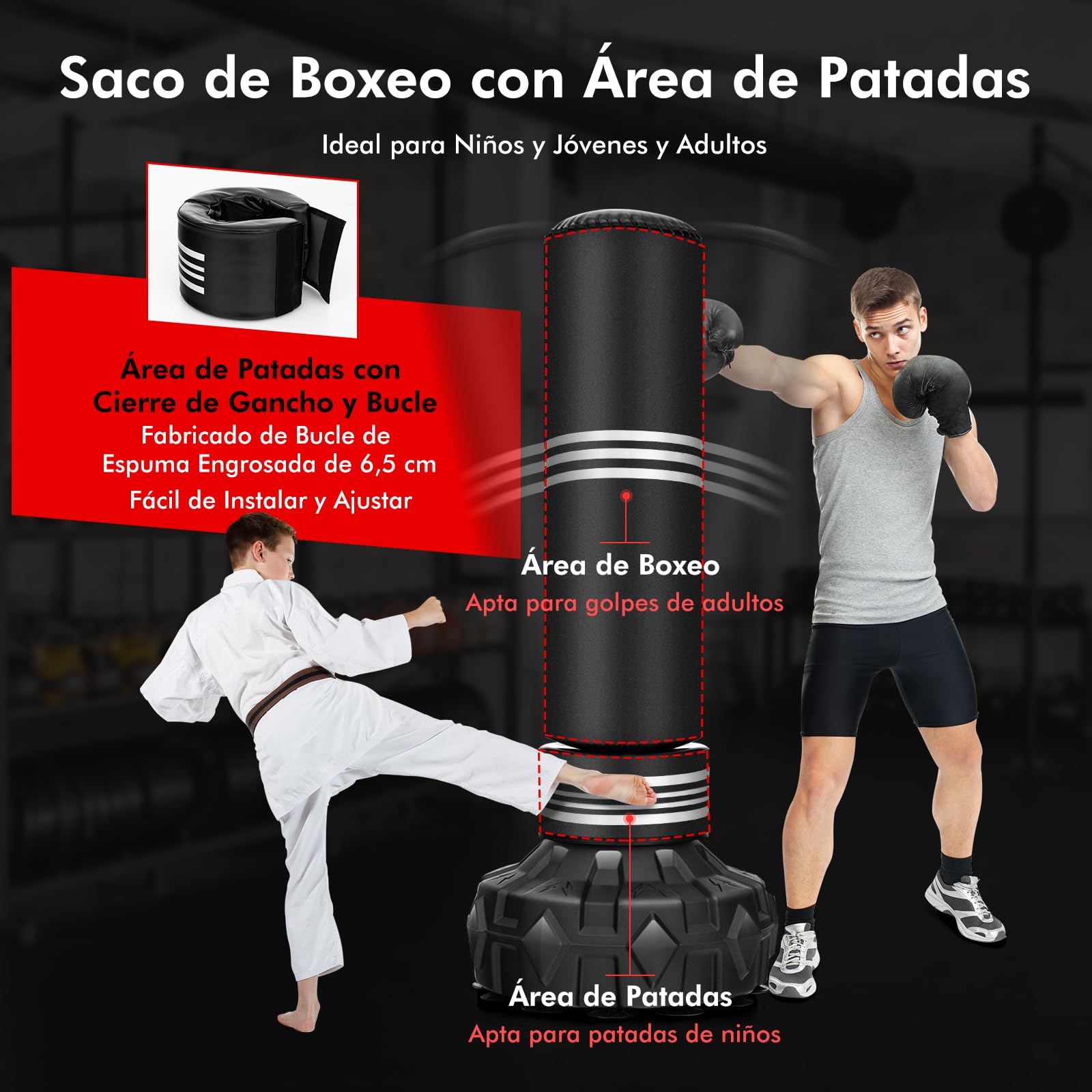 COSTWAY Saco de Boxeo de Pie, Saco de Boxeo con Soporte para Adultos, Jóvenes y Niños, Rebote Rápido, Ideal para MMA, Karate, Fitness, Kickboxing, 48 cm x 48 cm x 170 cm