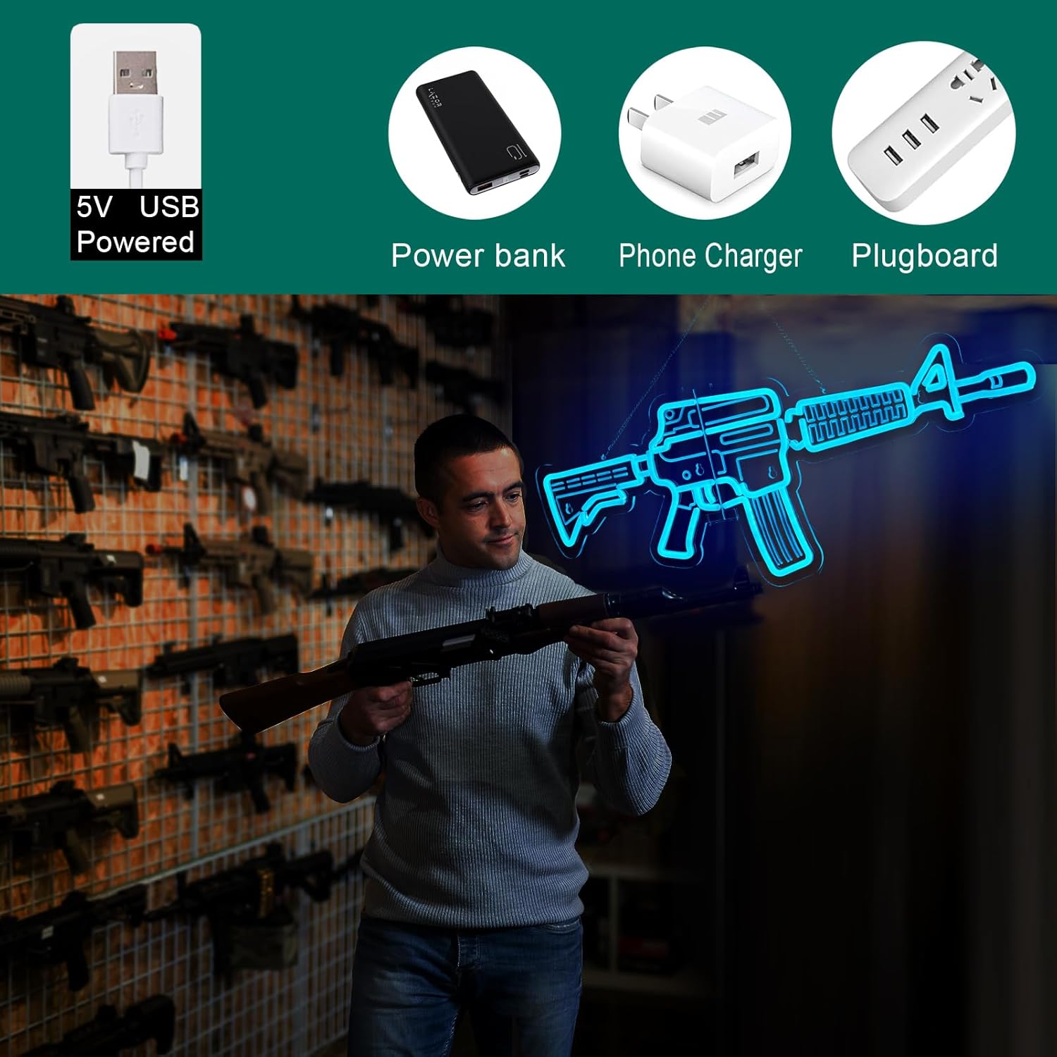 Gun Neon Sign M4 Neon Sign for wall decor Large Size(26.8x10.6 Inch) Smart plug timer compatible USB Powered Dimmable Bar Wall Decor for Man Cave Home Pub - Image 3