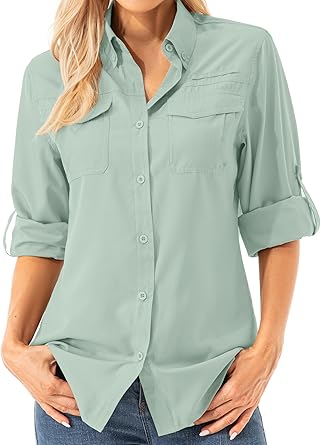 Womens UPF 50+ UV Sun Protection Safari Shirts Long Sleeve Outdoor Cool Quick Dry Fishing Hiking Gardening Shirts