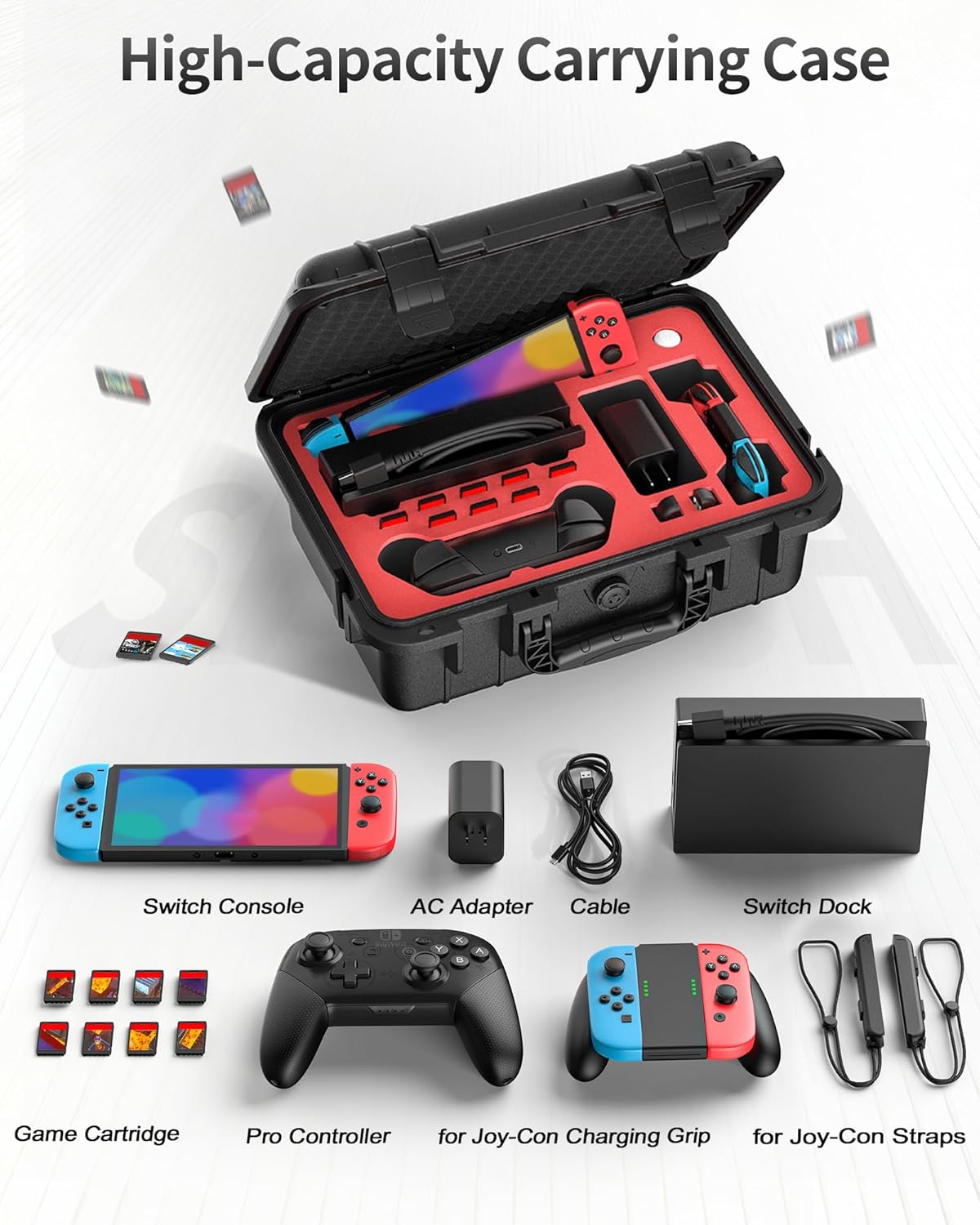 DEVASO Carrying Case for Nintendo Switch/Switch OLED, Professional Deluxe Waterproof Travel Case Soft Lining Hard Case for Nintendo Switch OLED Model (2021) Console Pro Controller & Accessories