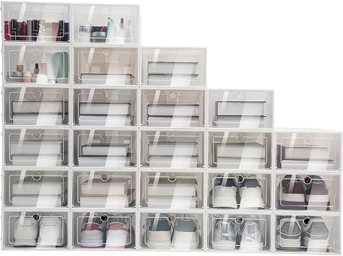 Paquete de 24 cajas de almacenamiento de zapatos, contenedores grandes de plástico transparente para zapatos con tapas, cajas de almacenamiento