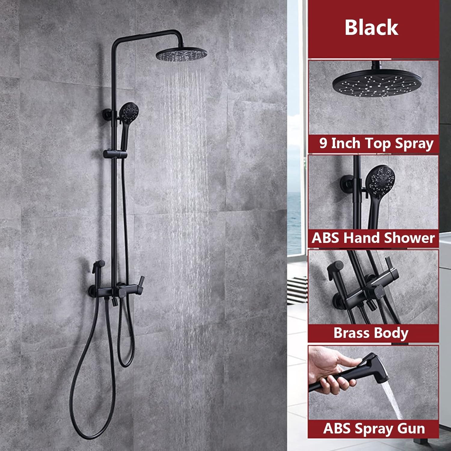 Matte Black Exposed Shower System,Bathroom Shower Fixture with Brass Valve,Wall Mounted Shower Faucet Set with Height Adjustable Rain Shower Head,Hand Shower,Bidet Sprayer