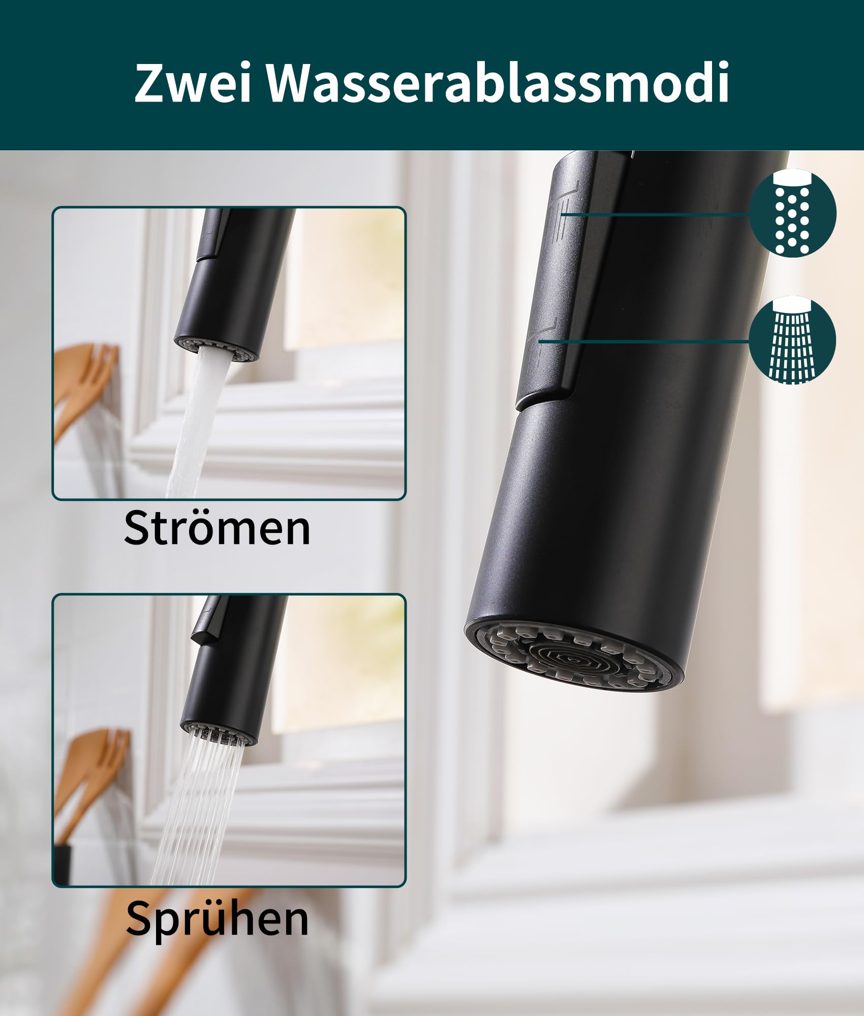 Wasserhahn Küche Schwarz,Hochdruck Küchenarmatur mit Ausziehbar Brause,Armatur Küche 360° Drehbar,Spültischarmatur Zwei Wasserstrahlarten, Edelstahl Mischbatterie Küche