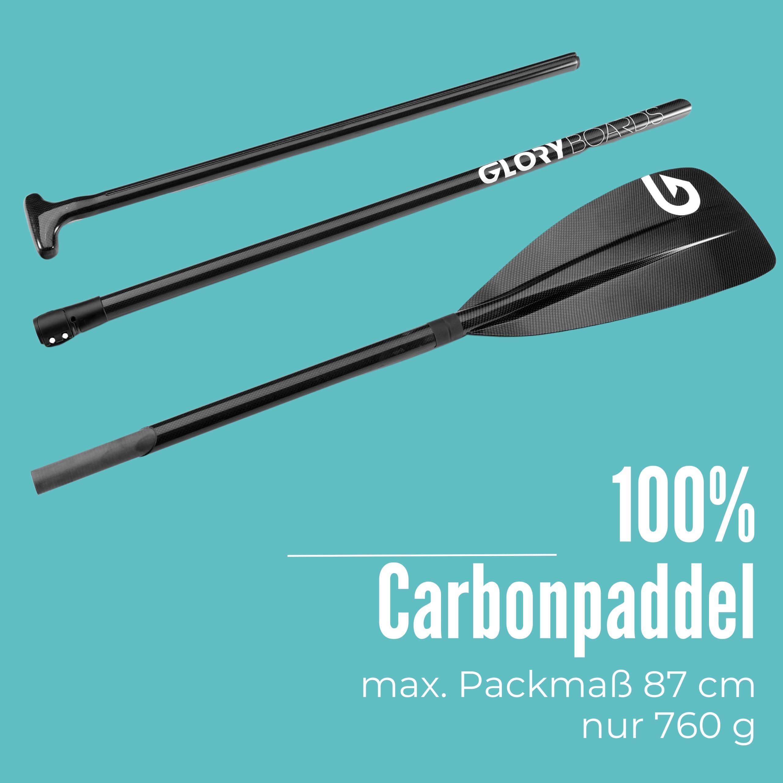 Glory Boards® VOLLCARBON SUP Paddel – 100% Carbon – Länge verstellbar 180-215cm – nur 760 Gramm - 3-teiliges Stand up Paddle - Ideal für Einsteiger - Damen und Herren