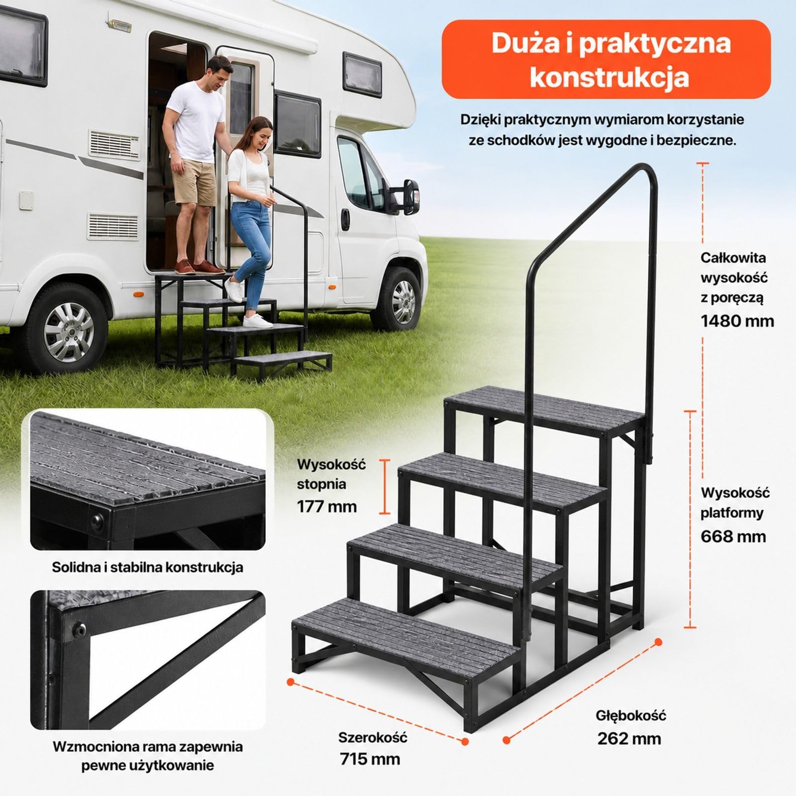 Czarne schody zewnętrzne z 4 stopniami i matą do kampera, przyczepy kempingowej, domu mobilnego, basenu oraz spa