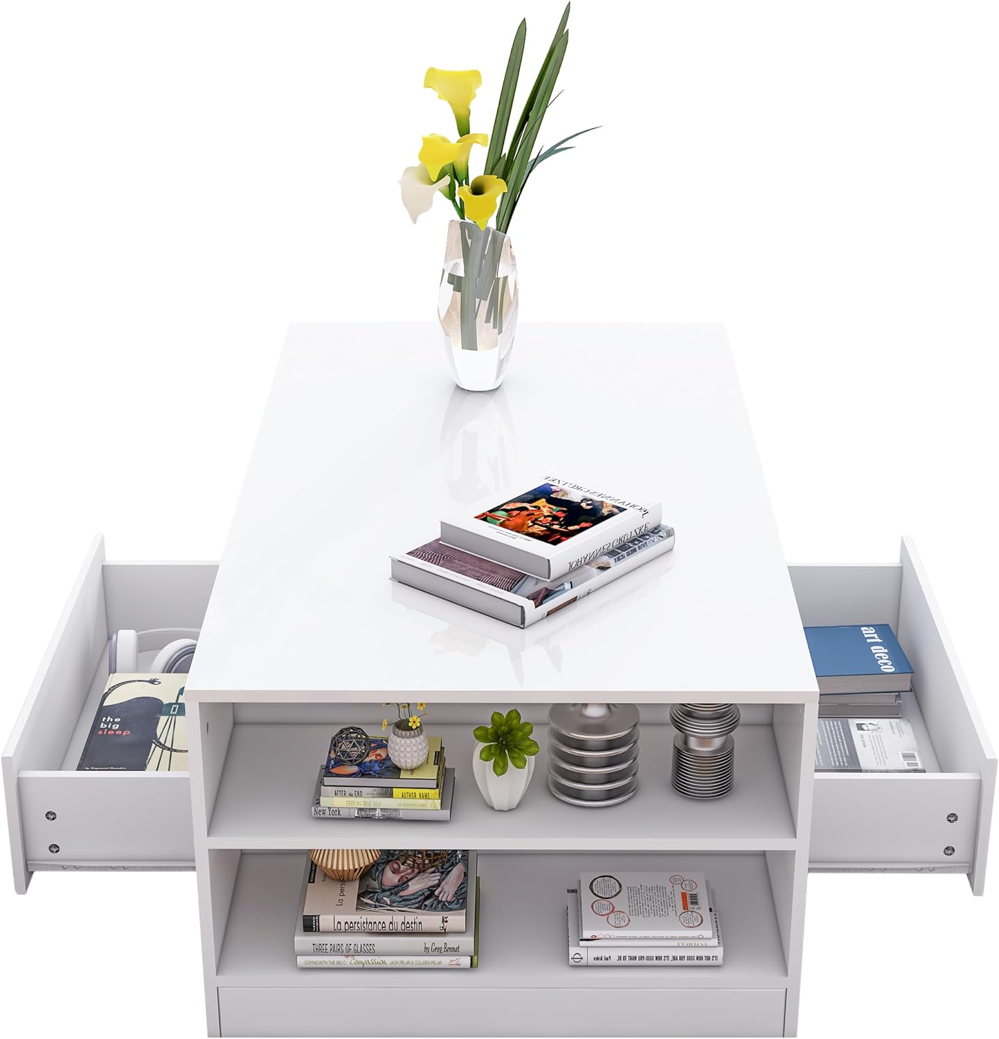 Universal Coffee Table with 2 Storage Drawer 4 Shelf 1 Open Case All High Gloss Modern Sofa Table Side Table for Living Room Furniture 95 x 55 x 37 cm