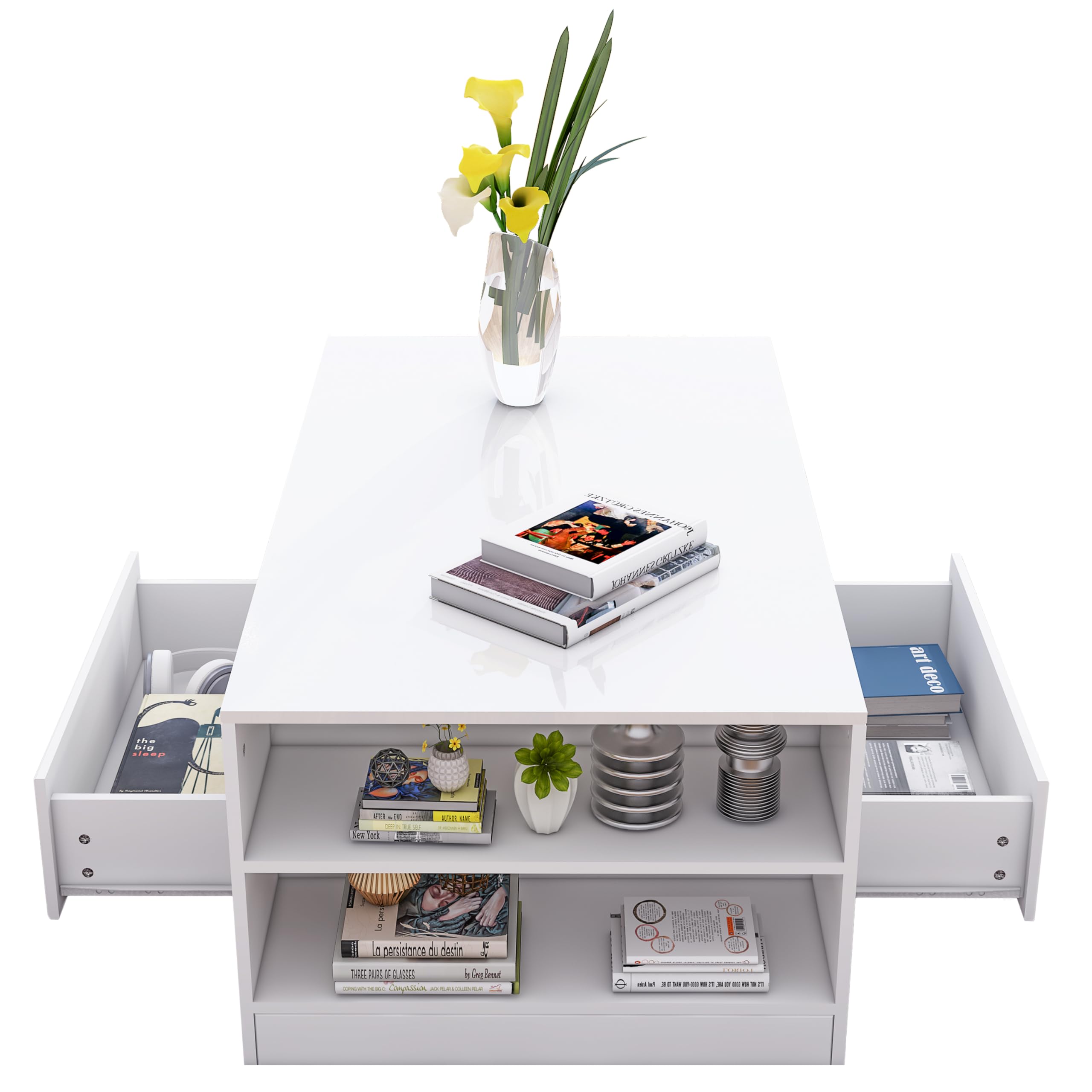 Senvoziii Universal Coffee Table with 2 Storage Drawer 4 Shelf 1 Open Case All High Gloss Modern Sofa Table Side Table for Living Room Furniture 95 x 55 x 37 cm