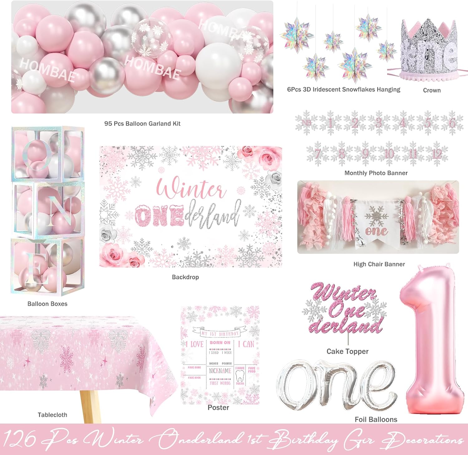 Winter Onederland 1st Birthday Girl, Winter Wonderland First Party Supplies with Backdrop, Balloon Garland, Banner, Crown for Girls One Year Old Pink Snowflake Birthday Party
