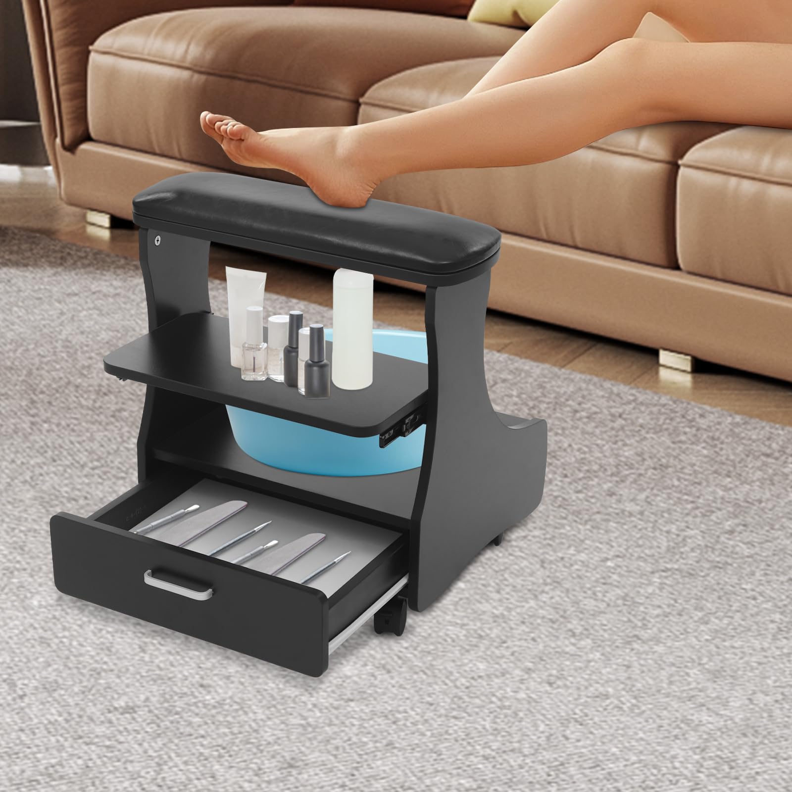 Pedicure, poggiapiedi in pelle PU per manicure, poggiapiedi con 4 ruote freni, poggiapiedi a 3 livelli, per pedicure, massaggio ai piedi, cura delle unghie