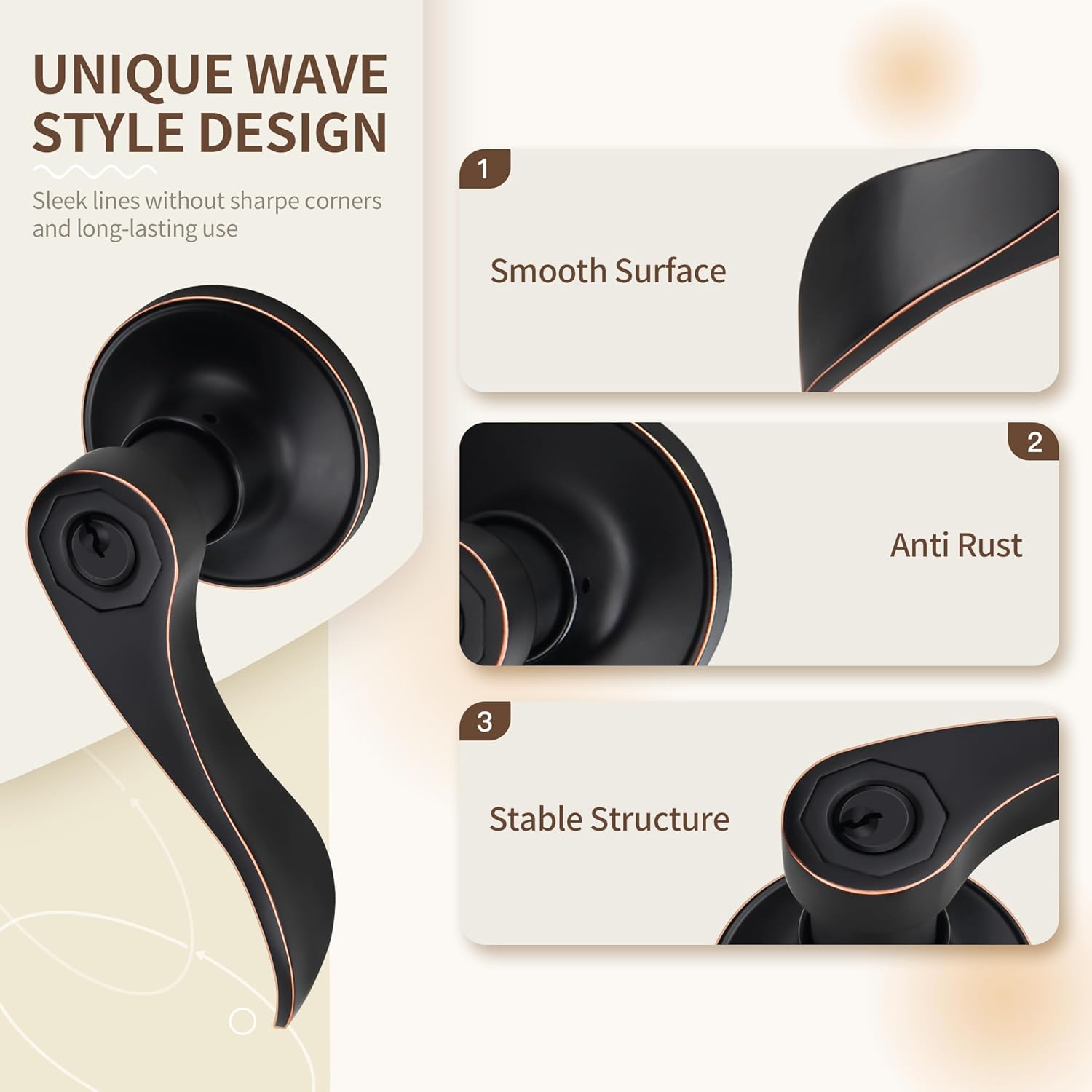 Moquin Wave Design Keyed Entry Door Lever with Lock, Reversible Door Handle for Right/Left Side Front/Entrance Door Lock in Oil-Rubbed Bronze (Red Margin) Finish