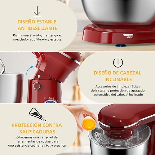 Miniatura 3 de Batidora de pedestal eléctrica, mezcladora de alimentos con cabezal inclinable de 10 velocidades, mezcladora de cocina 3-EN-1 para cocineros diarios