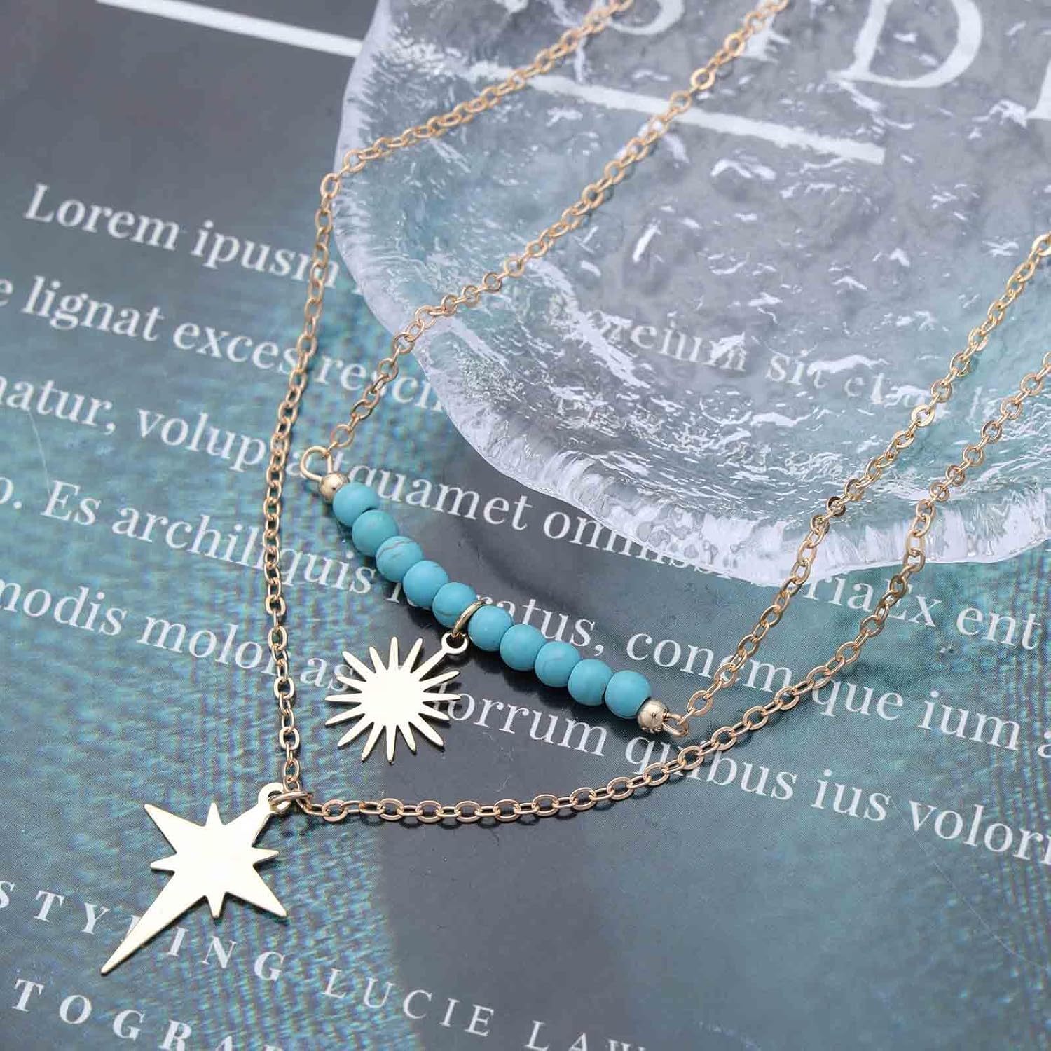 Andelaisi Boho Layered Sunburst Pendant Necklace Vintage Turquoise Bead Choker Necklace Gold Celestial Star Necklace Adjustable Sun Star Chain Necklace Jewelry for Women - Image 4