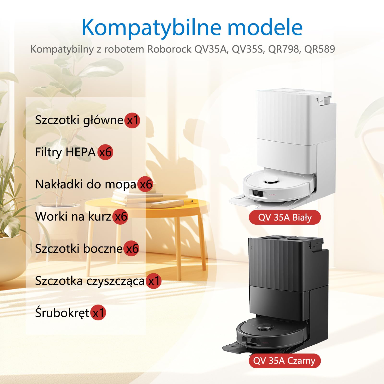 QV 35A zestaw akcesoriów do Roborock QV 35A / QV 35S / QR 598 / QR 798 odkurzacz automatyczny, części zamienne, 1 szczotka główna, 6 filtrów, 6 podkładek do wycierania, 6 szczotek bocznych, 6 worków