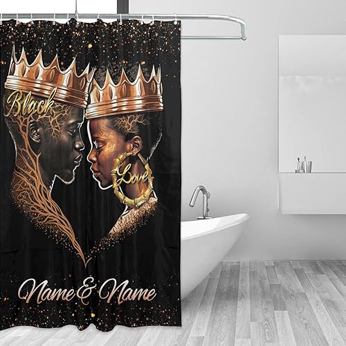 Miniatura 2 de Cortina de ducha de pareja afroamericana con nombre, juego de cortinas de ducha románticas de tela negra con nombre, juego de cortina de baño