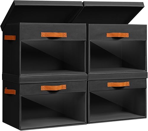 Miniatura 23 de Contenedores de Almacenamiento Grandes con Tapas - Paquete de 4 Organizadores Decorativos Plegables con Ventanas Transparentes y Asas, Organizadores