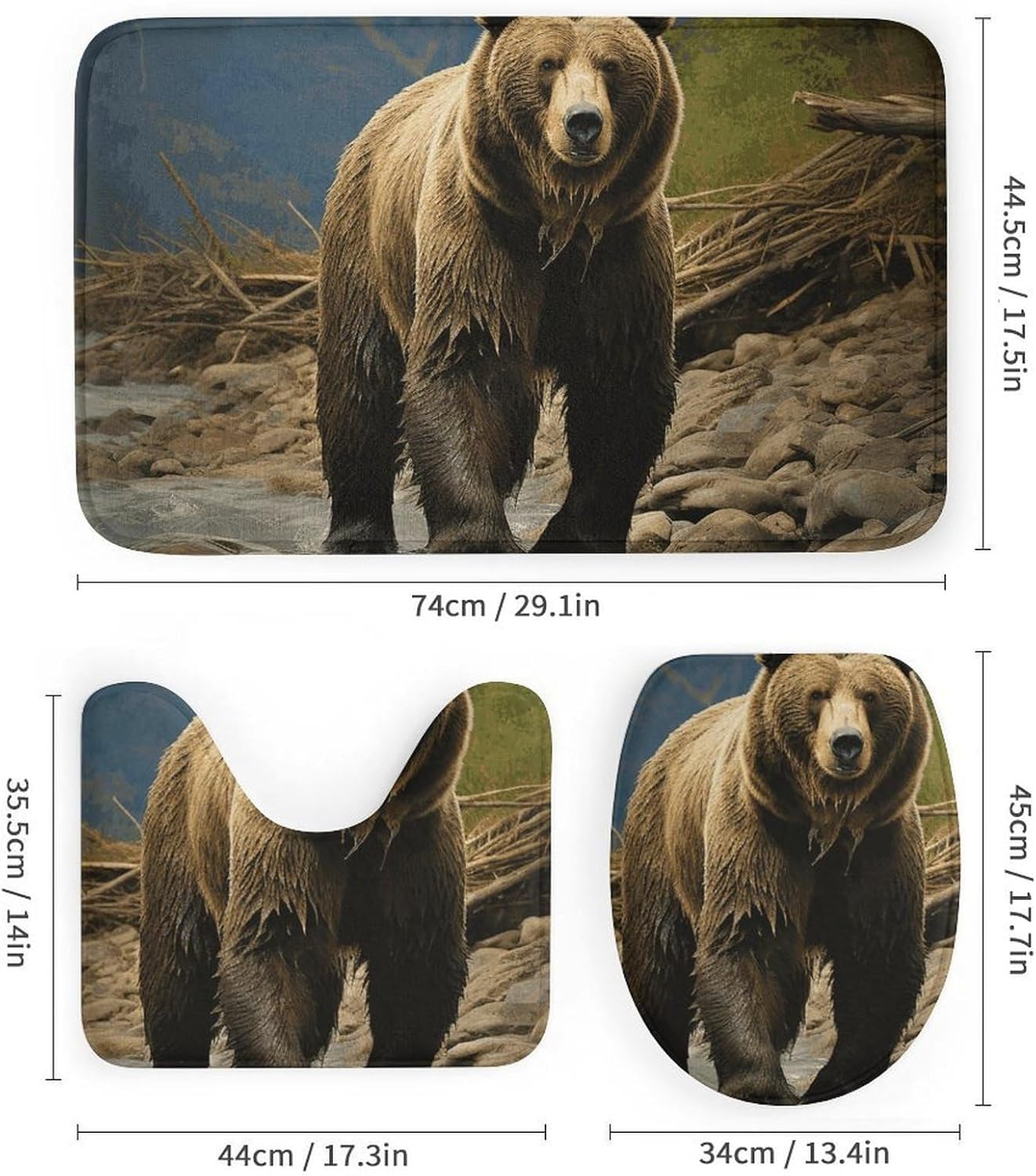 Brown Bear Shower Curtains Set 4 Piece with Non-Slip Rugs, Toilet Lid Cover and Bath Mat Soft Bathroom Carpet Waterproof Bathroom Curtain with 12 Hooks for Bathroom Decor