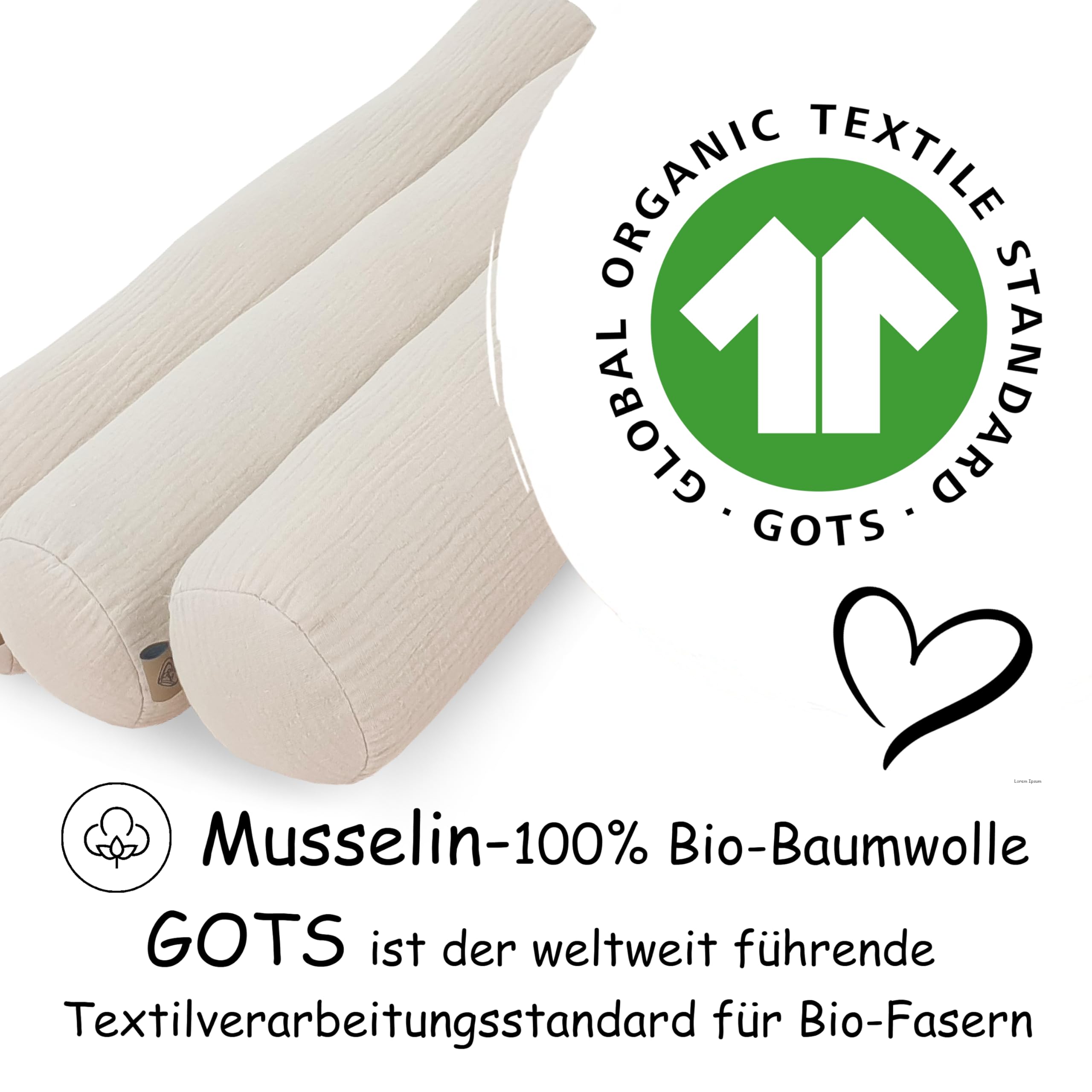 PinkZebra 3er Set Bett Kissenrollen 10 x 60 cm aus Musselin GOTS-Zertifizierung, Rollenkissen aus Baumwolle, Nackenrolle ÖkoTex, Bettrolle, Kissen Rund, Knierolle, Beige