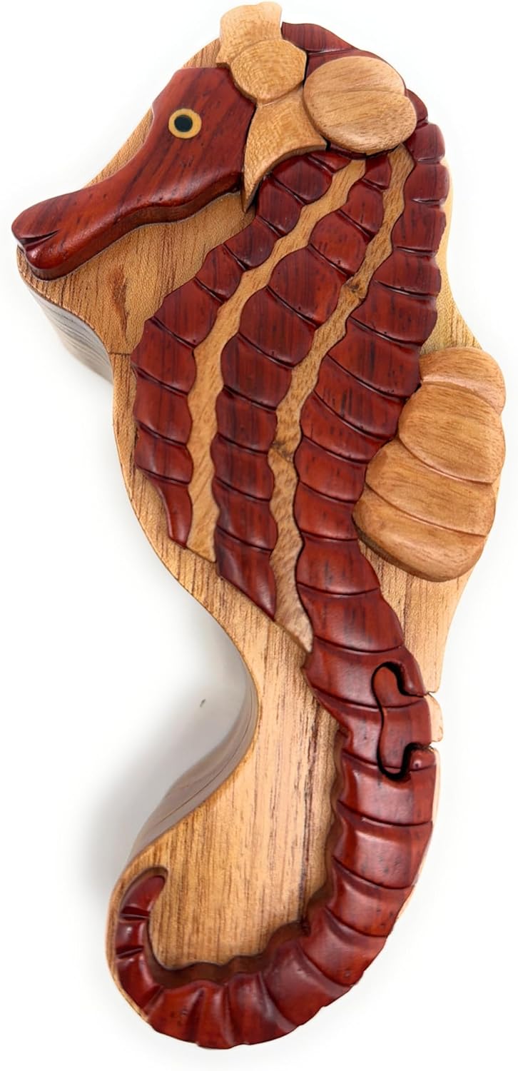 Seahorse - Handcrafted Wooden Puzzle Box – Secret Compartment Keepsake, Exotic Natural Hardwood, Unique Jewelry or Trinket Storage Box